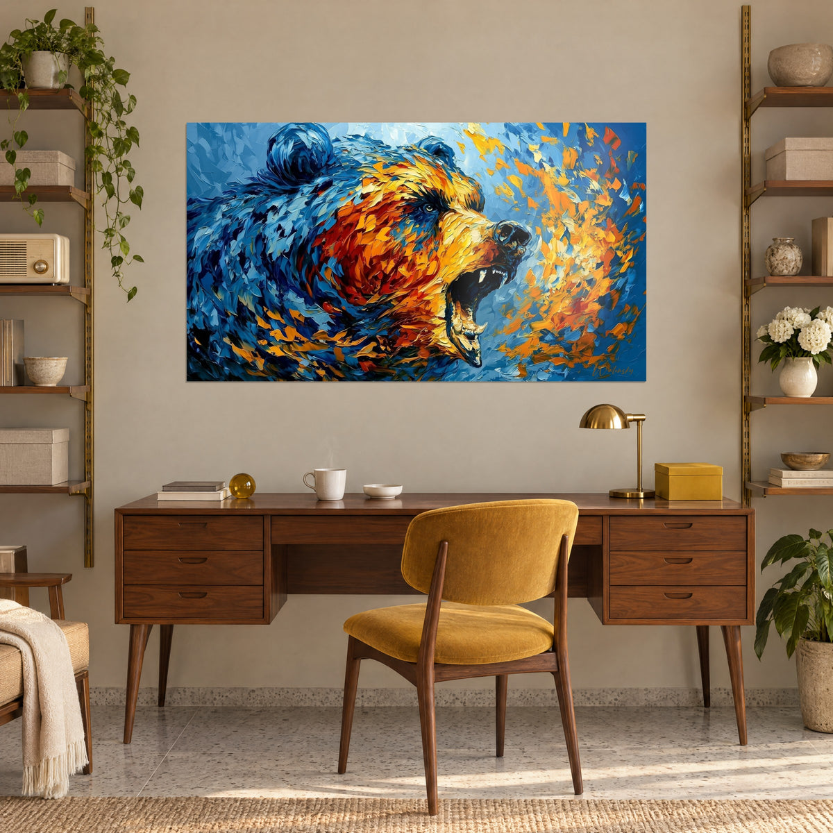 Tableau portrait d'ours furieux, fourrure peinte au couteau en bleu profond et orange brûlé, gueule rouge, au-dessus d'un bureau en bois