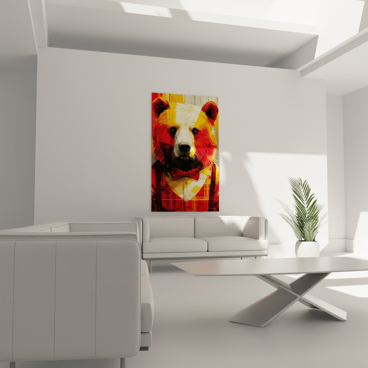 Ours brun stylisé aux teintes rouge bordeaux et jaune doré au-dessus d'un canapé dans un salon lumineux