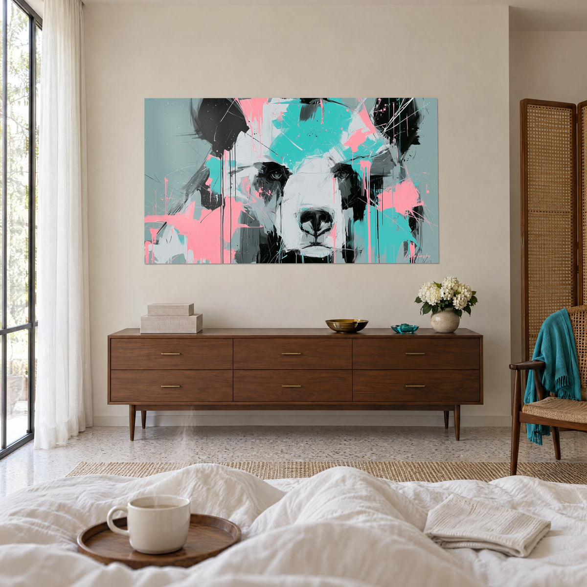 Quadro testa d'orso dagli occhi scuri, campiture turchesi e rosa salmone su fondo grigio, sopra un letto in una camera luminosa