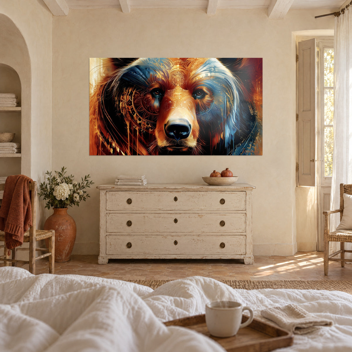 Quadro ritratto simmetrico di un orso con motivi mandala arancio e blu notte, sopra un letto in una camera chiara