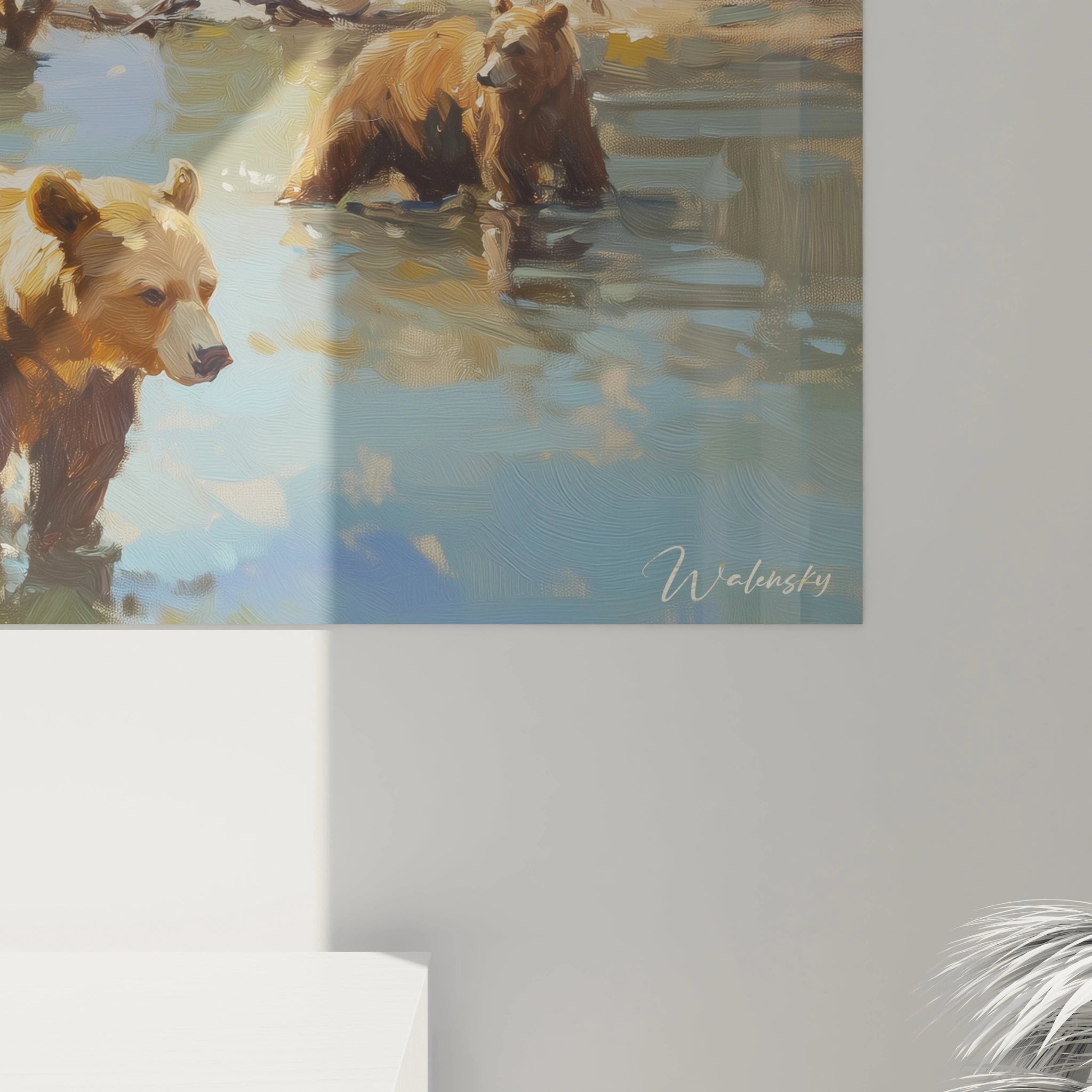 Tableau Walensky représentant un ours brun dans un paysage aquatique peint en style artistique