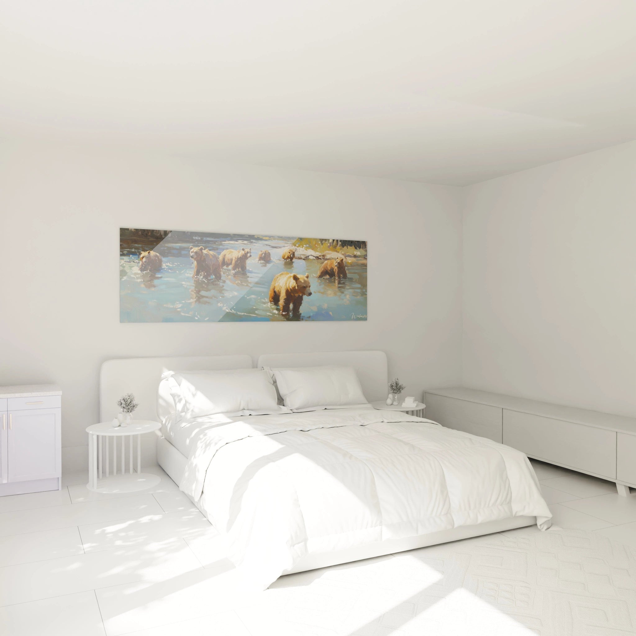 Tableau ours brun Walensky représentant plusieurs ours dans l'eau accroché au-dessus d'un lit blanc dans une chambre minimaliste