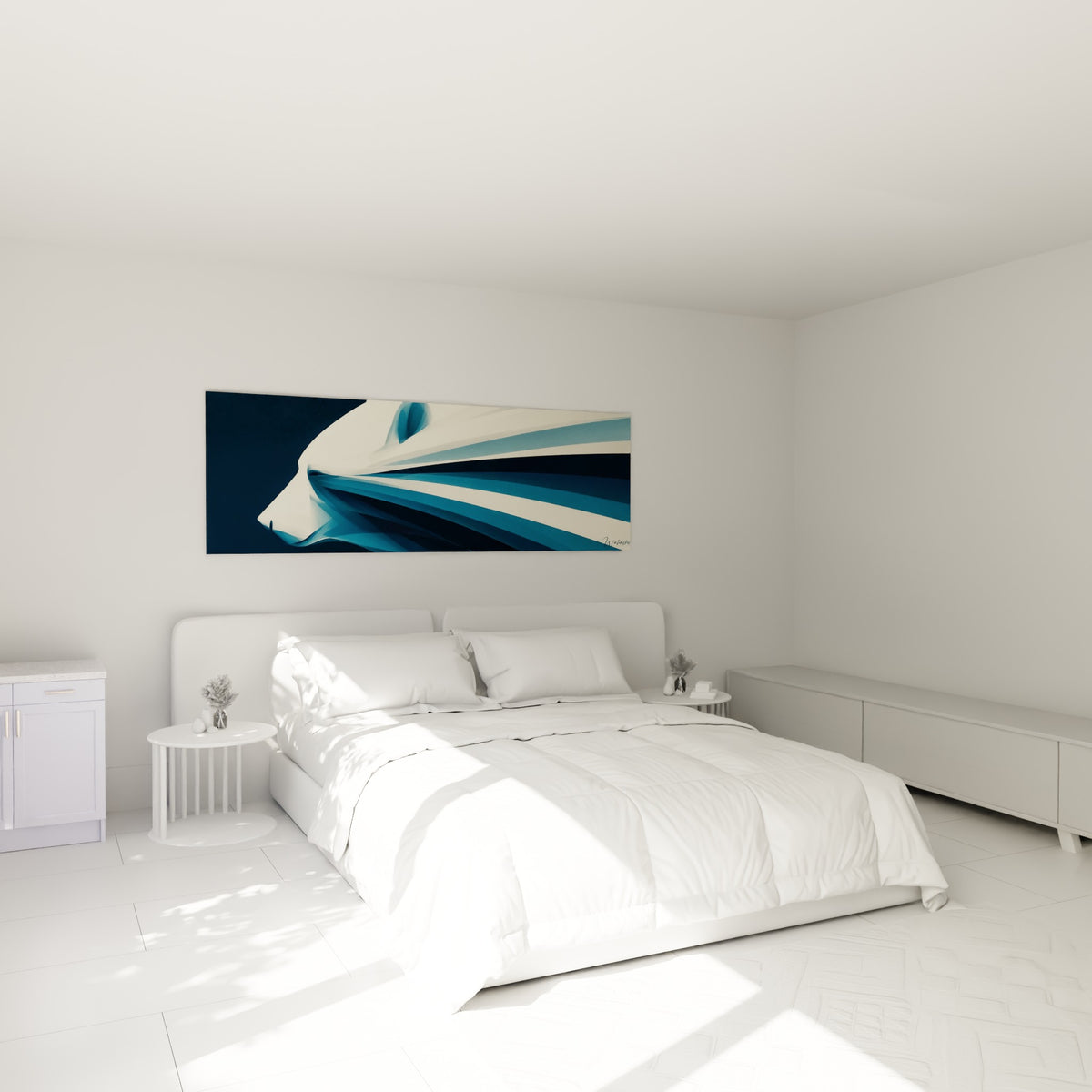 Silhouette d'ours brun crème et bleu nuit au-dessus d'un lit dans une chambre claire
