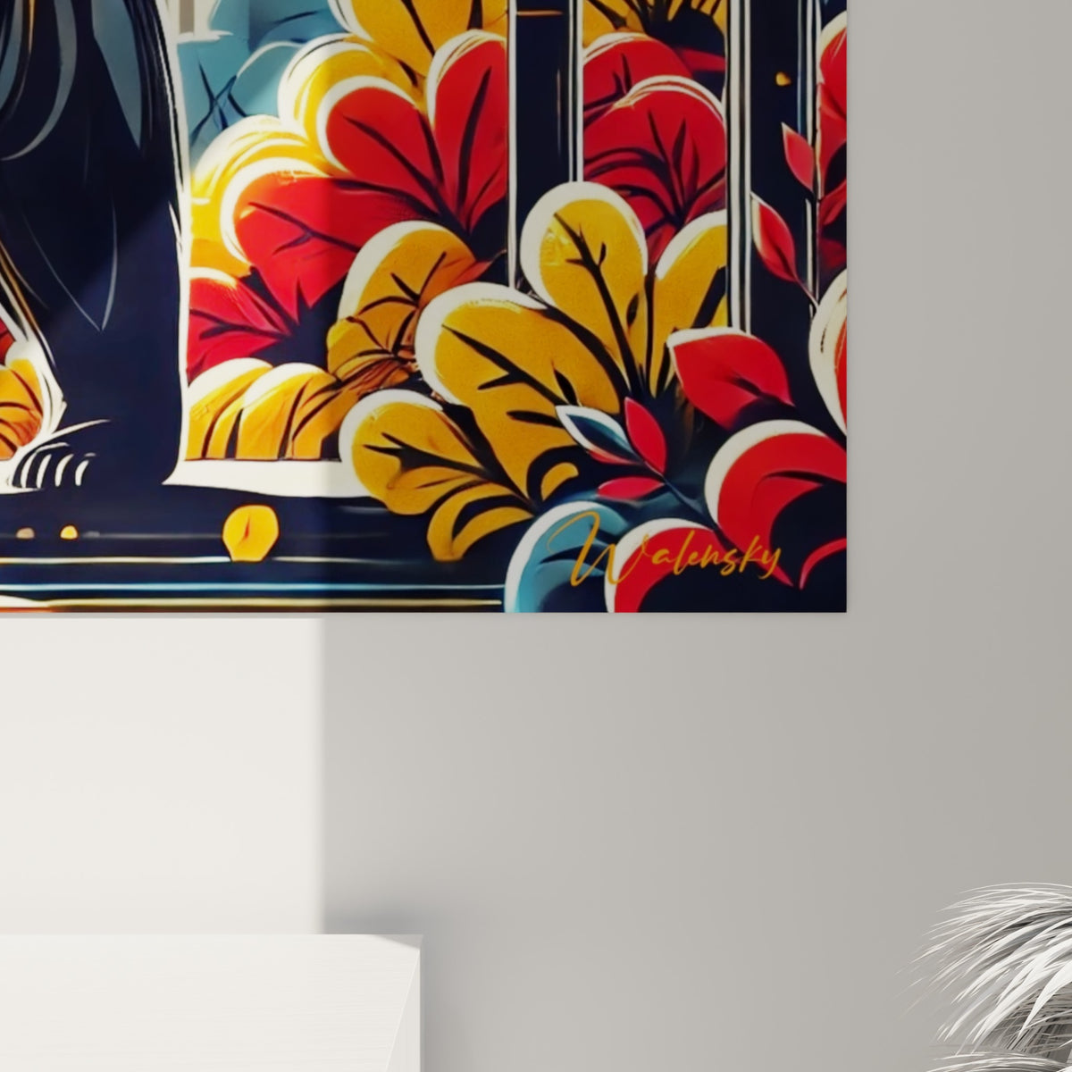 Détail de l'impression montrant les contours noirs nets et les touches orangées et bleu pastel du feuillage