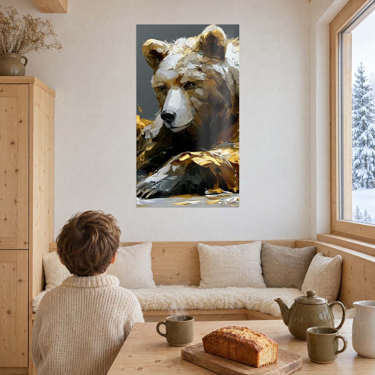Wall art of a plantigrade with an amber gaze, white and gold impasto, child seen from behind near a snowy picture window of the chalet