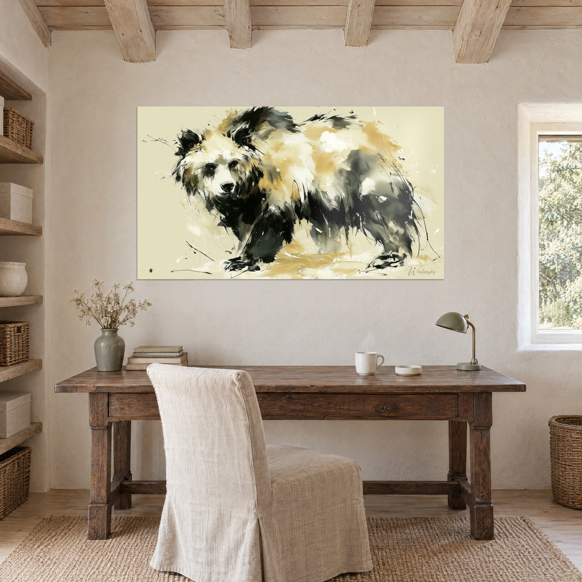 Πίνακας μεγαλόσωμο ζώο σε ocher και κάρβουνο γκρι αποχρώσεις, ξύλινο γραφείο από ακατέργαστο ξύλο, πράσινη λάμπα και παράθυρο, πέτρινο εξοχικό σπίτι