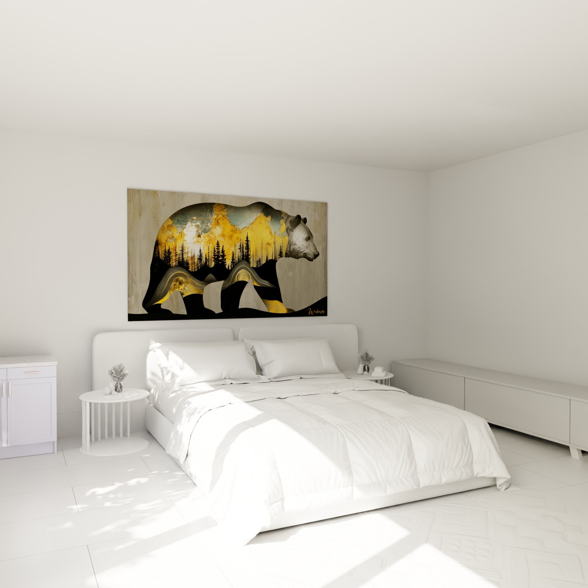 Silhouette d'ours brun aux tons dorés et anthracite accrochée au-dessus d'un lit dans une chambre claire