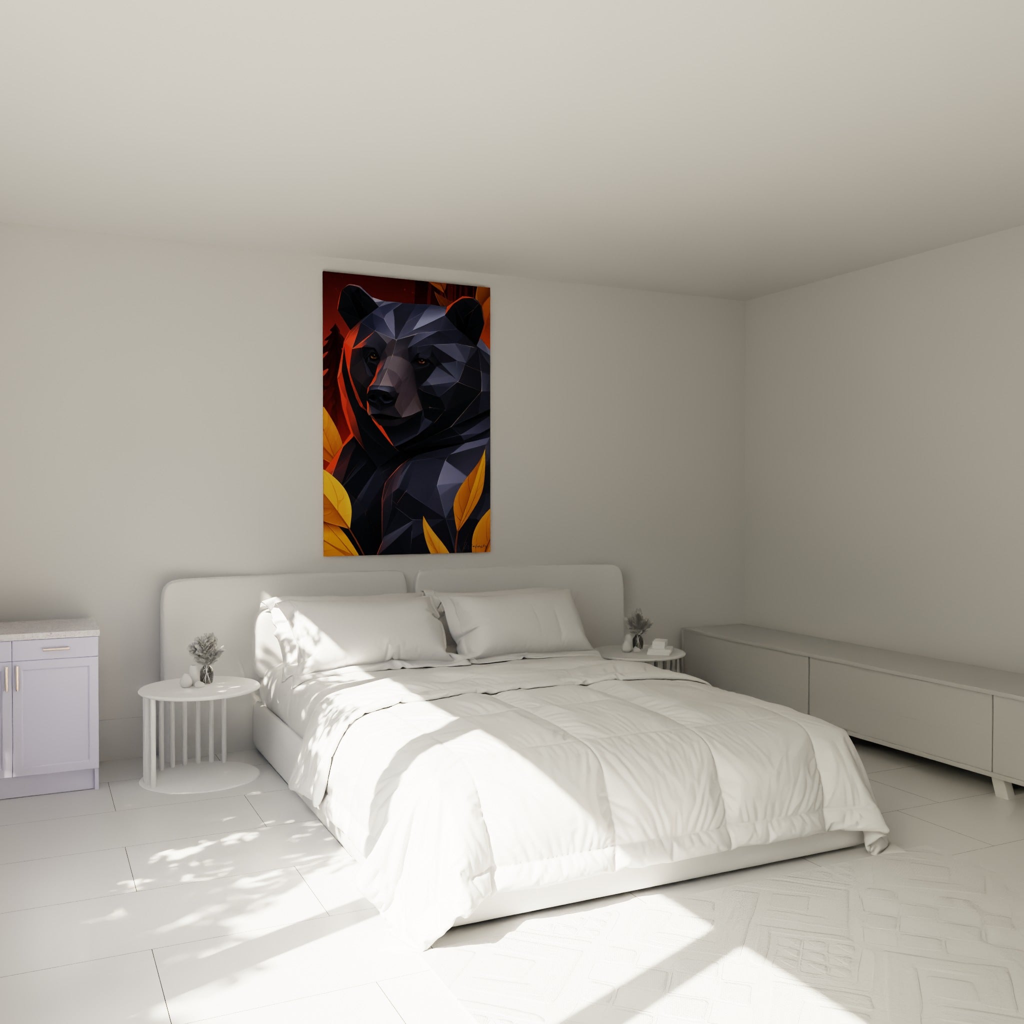 Museau clair et fourrure anthracite de l'Ours brun au-dessus d'un lit dans une chambre claire