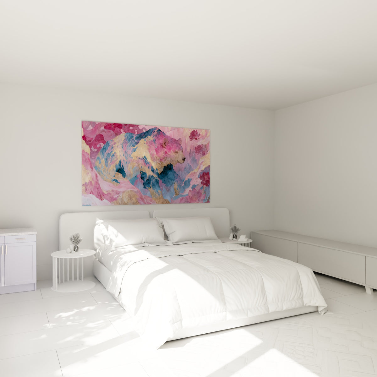 Silhouette d'ours brun rose fuchsia et doré, pivoines pourpres, au-dessus d'un lit dans une chambre claire