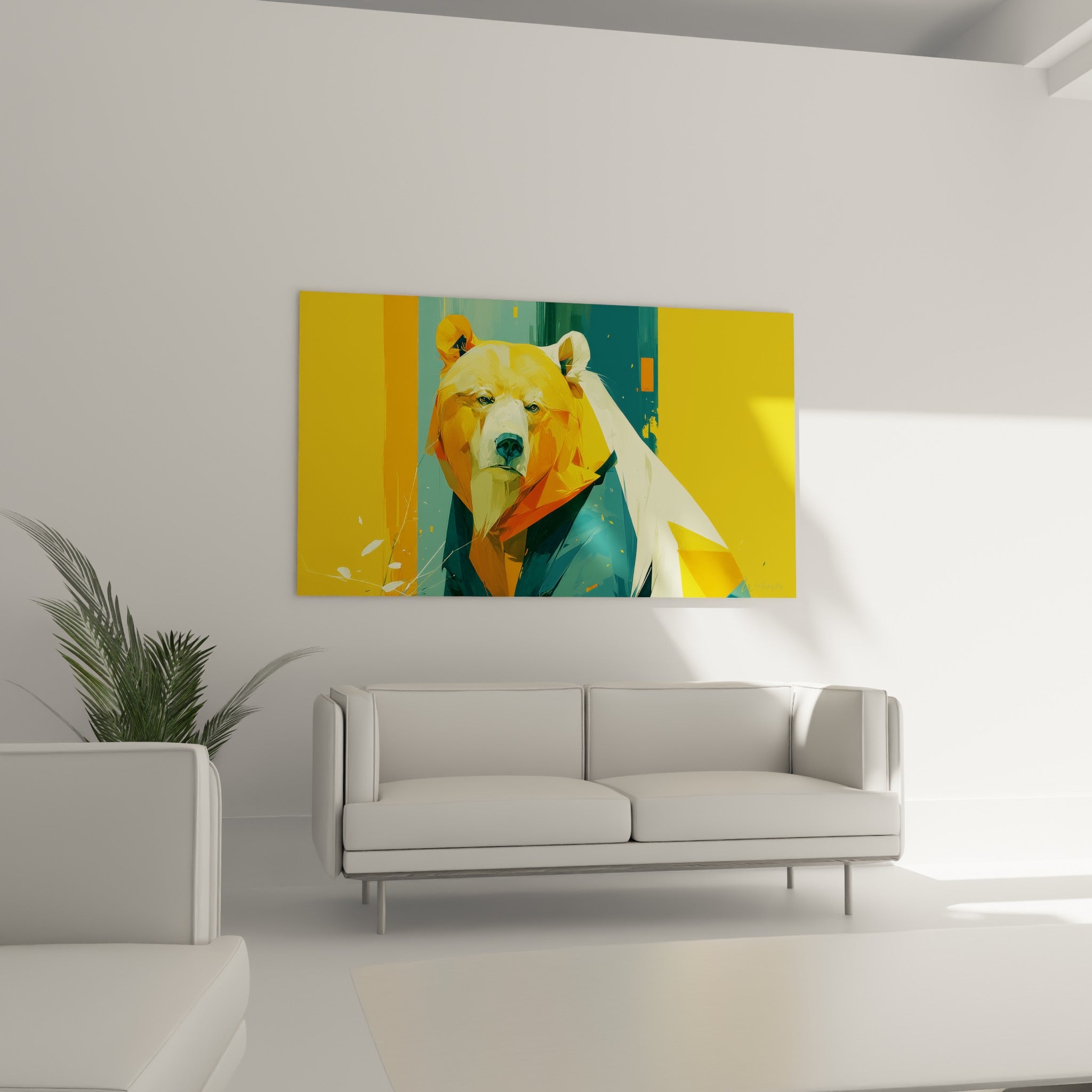 Ours brun doré et turquoise au regard perçant au-dessus d'un canapé dans un salon lumineux