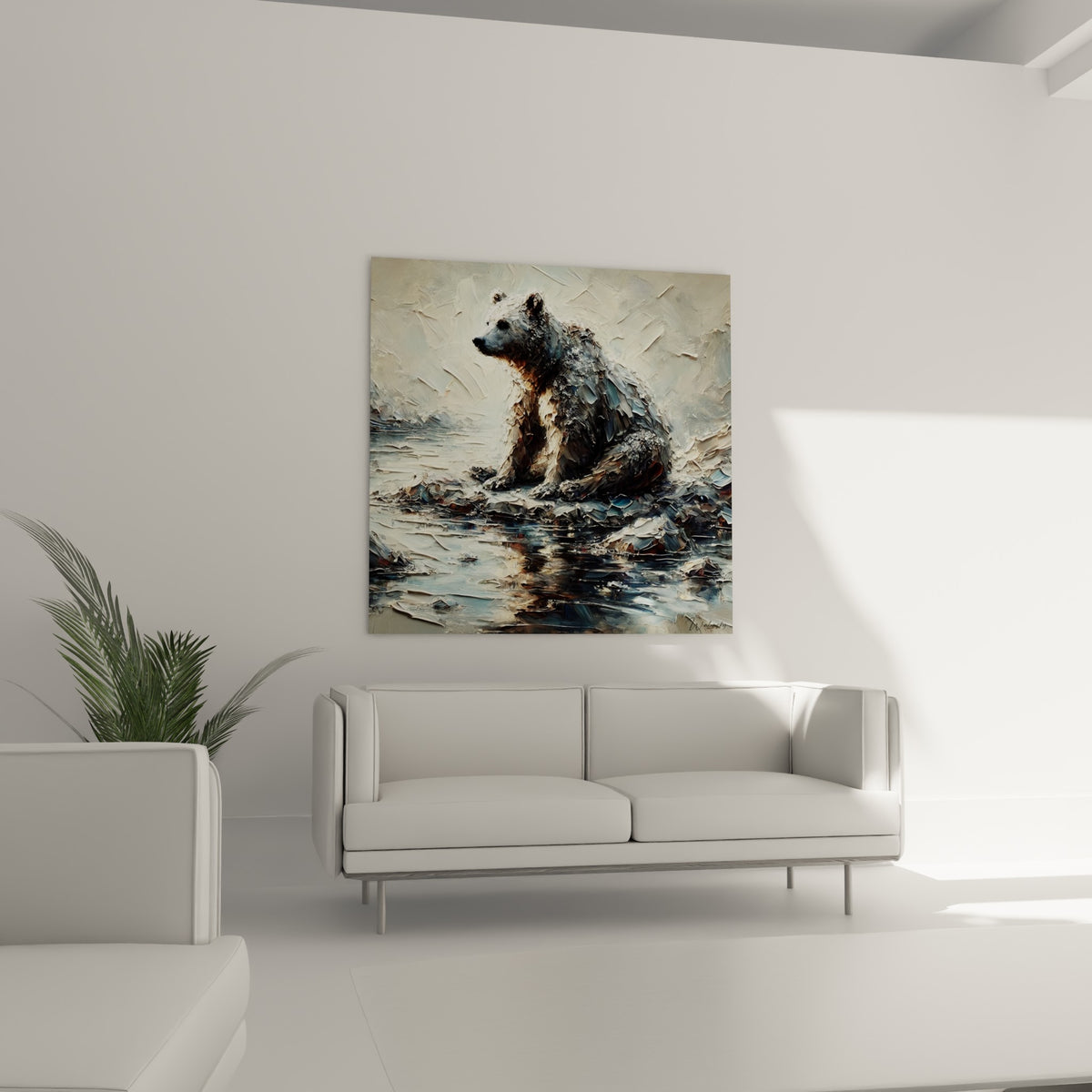 Ours brun gris et blanc cassé face à l'eau glacée, au-dessus d'un canapé dans un salon lumineux
