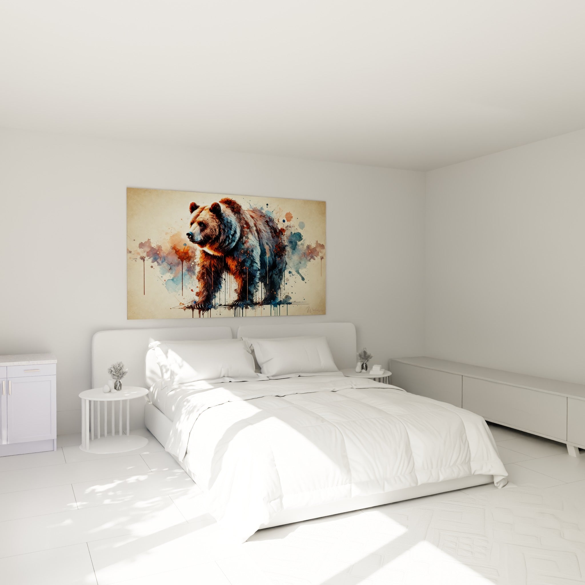 Ours brun aquarelle ocre et bleu marine, posture calme, au-dessus d'un lit dans une chambre claire
