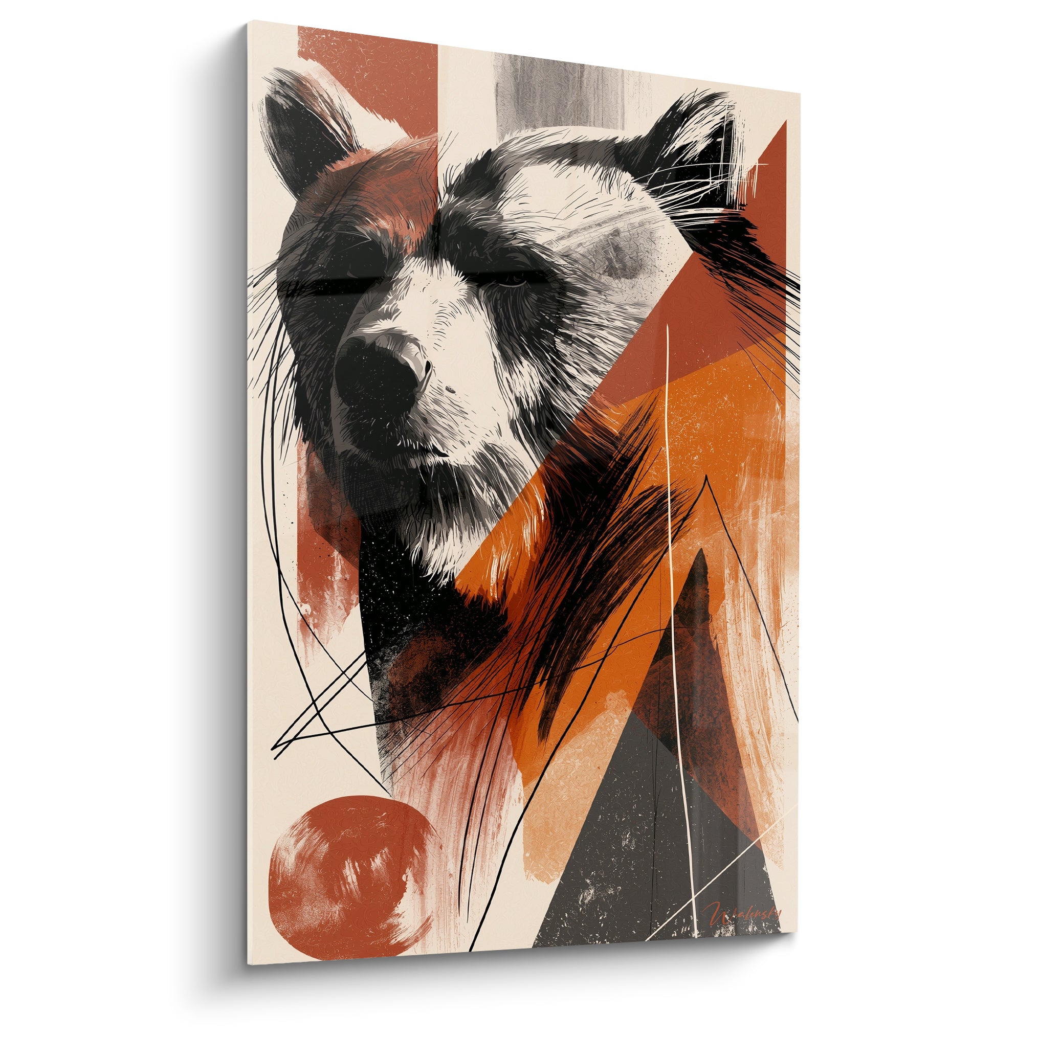 Ours brun esquissé aux yeux mi-clos, mèches noires et fond terracotta, anthracite et crème géométrique