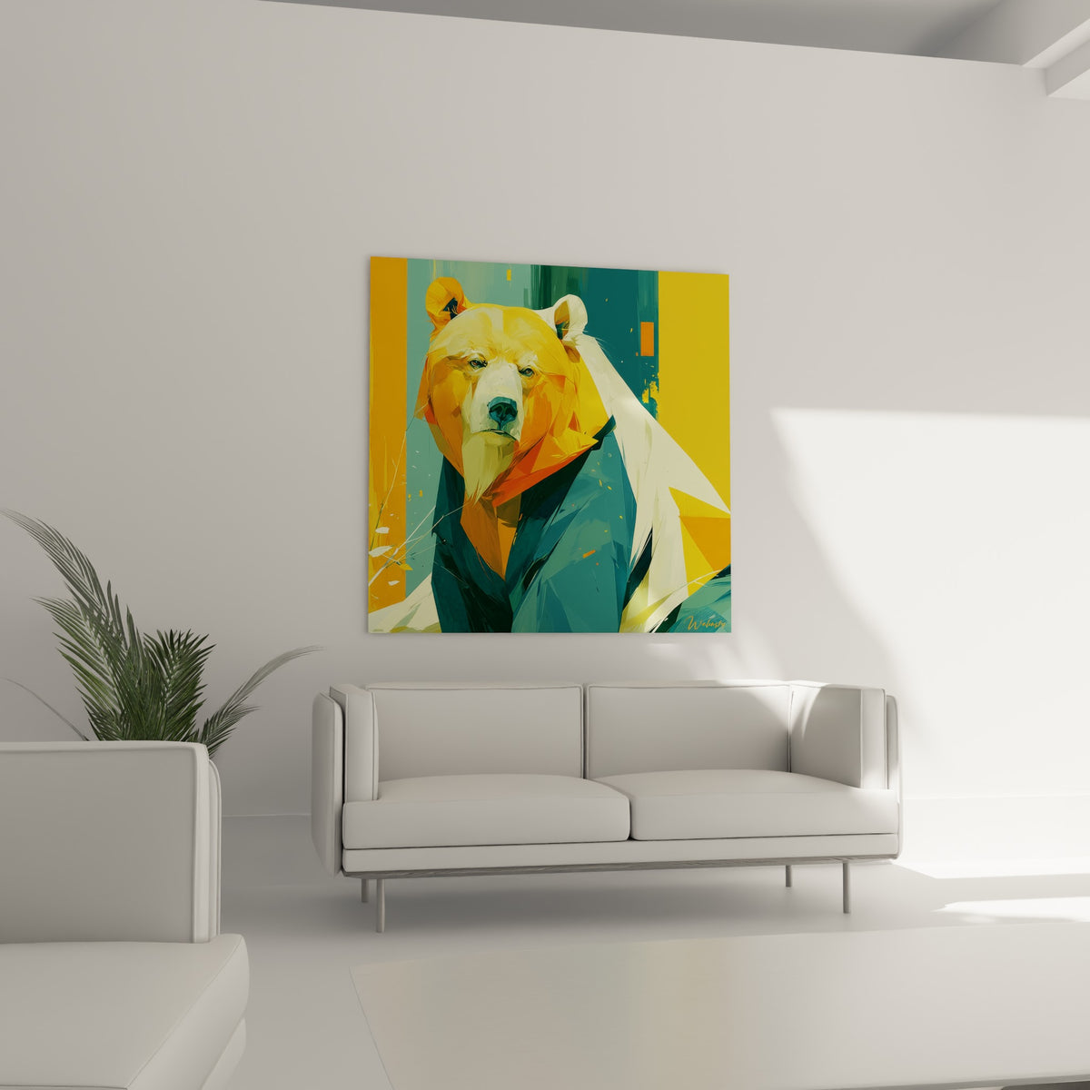 Facettes orangées et sarcelle de l'ours brun disposées au-dessus d'un canapé dans un salon lumineux.