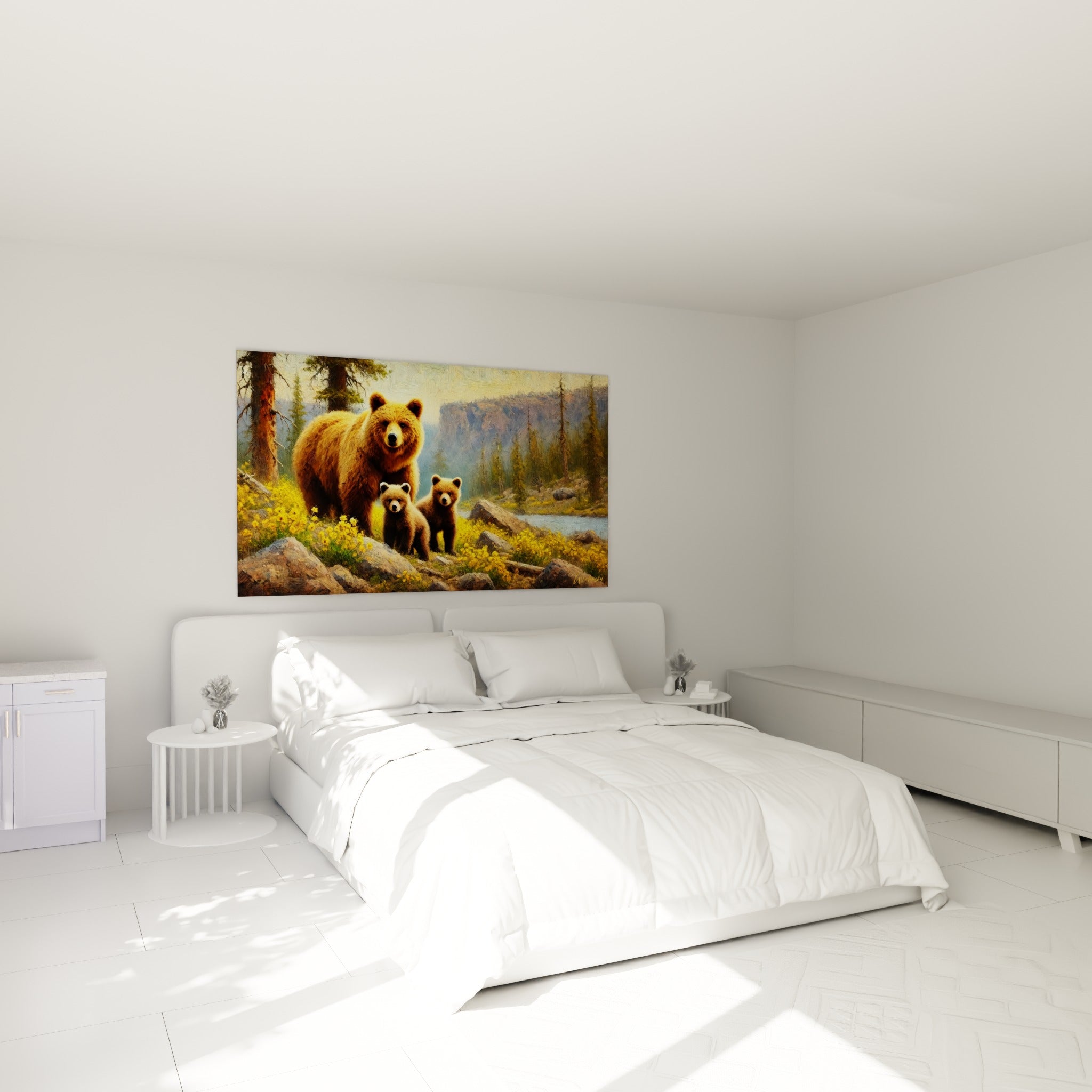 Ourse brune et ses petits parmi fleurs jaunes, au-dessus d'un lit dans une chambre claire