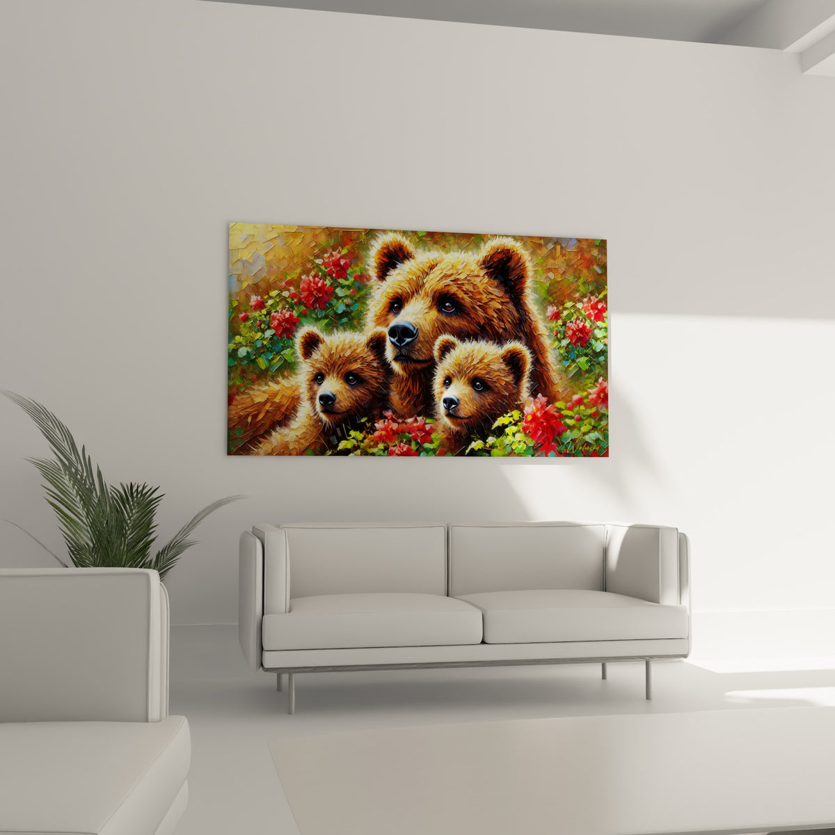 Trois têtes d'ours brun fauve entourées de fleurs rouges vives, au-dessus d'un canapé dans un salon lumineux