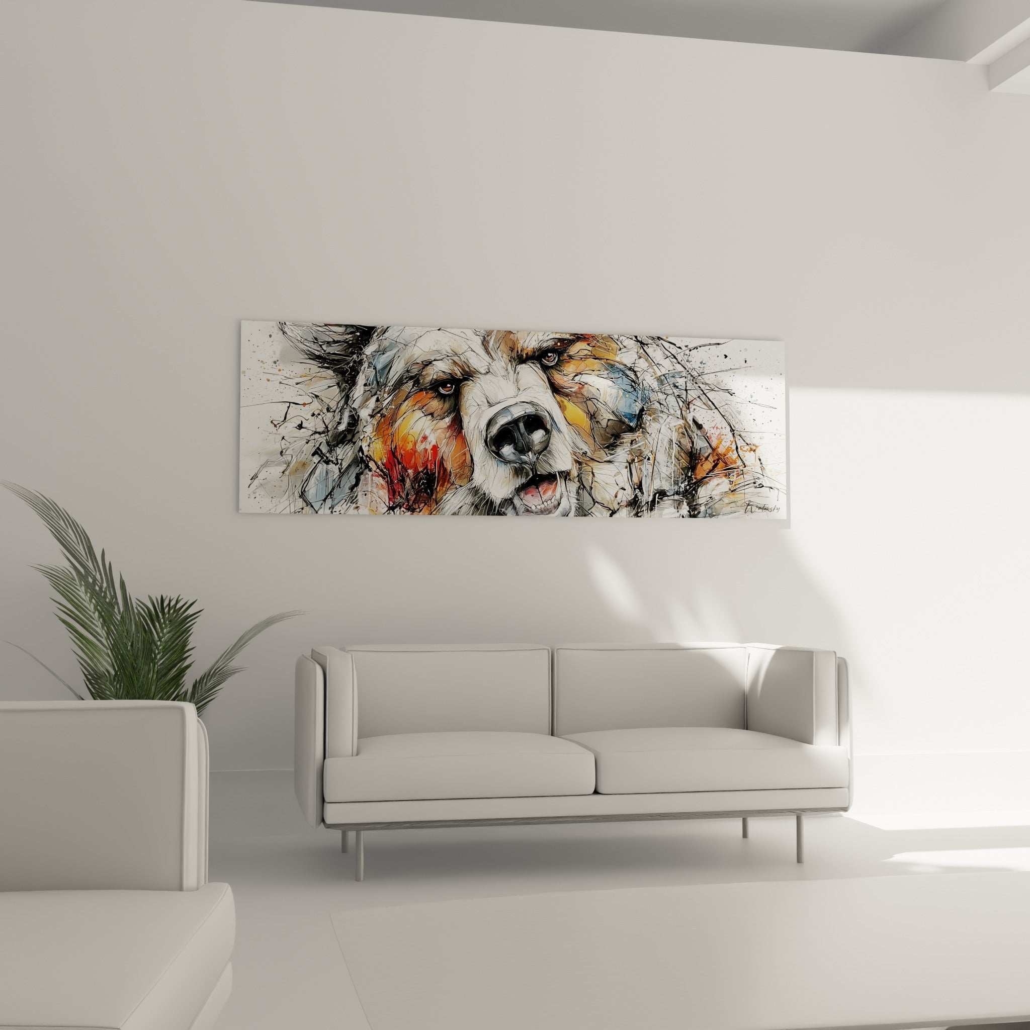 Regard intense de l'ours brun aux couleurs orangées et grises au-dessus d'un canapé dans un salon lumineux