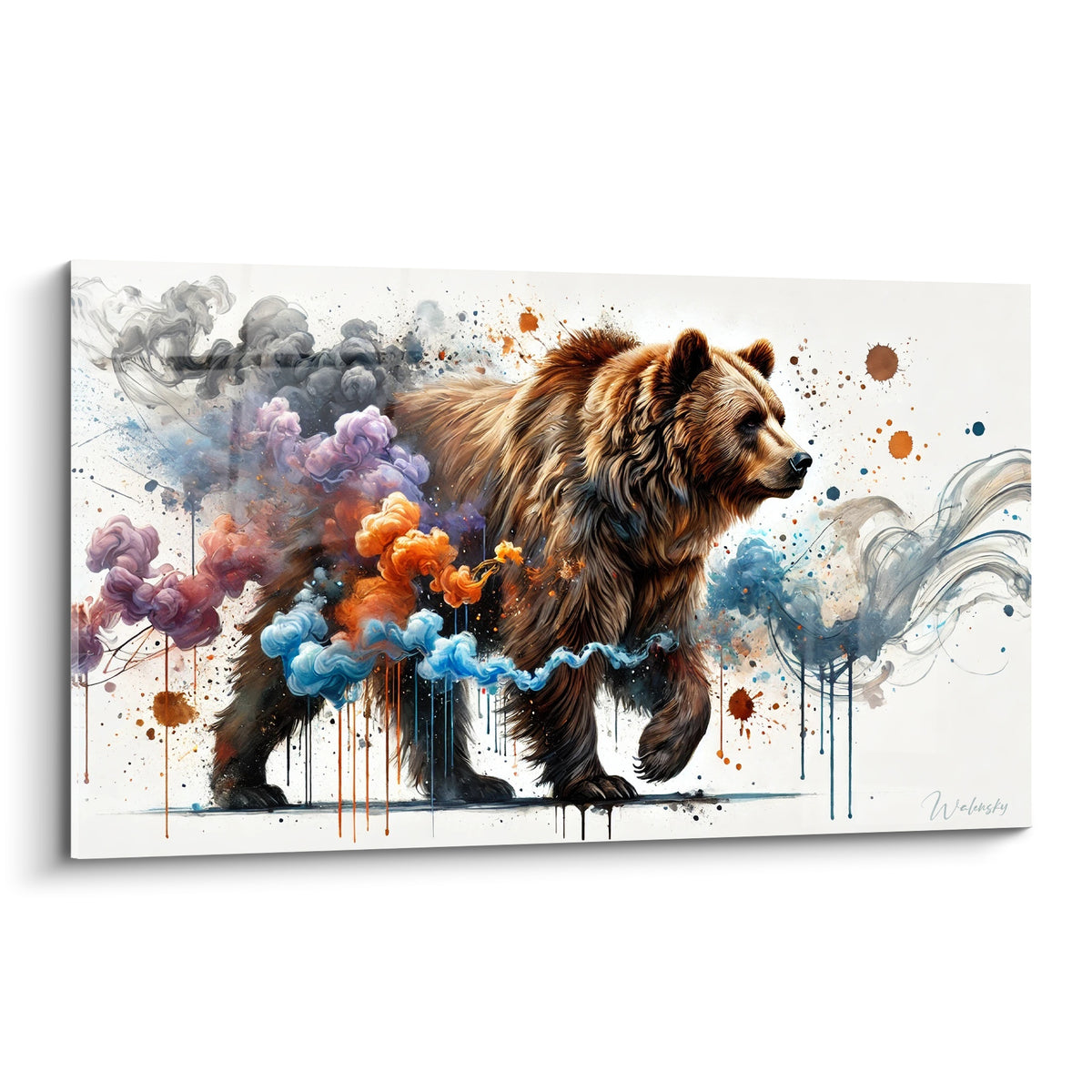 Ours brun fauve en marche entouré de fumées bleu pastel et orange sur fond blanc