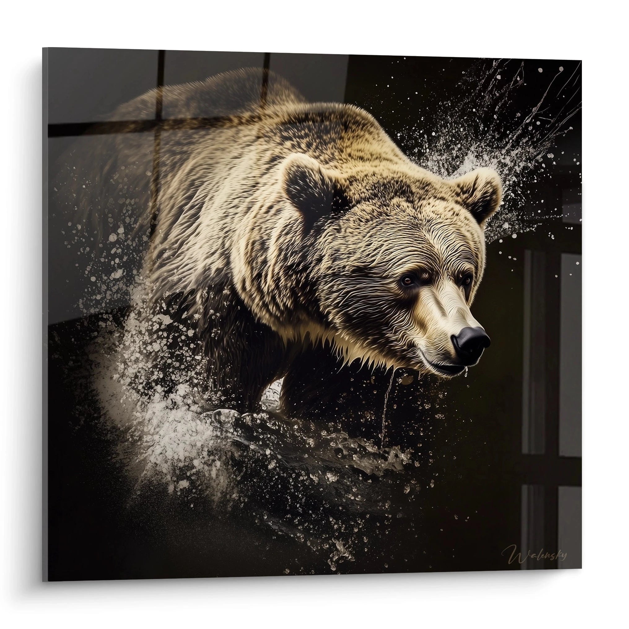 Tableau ours brun de Walensky avec effet éclaboussure sur fond noir décoratif
