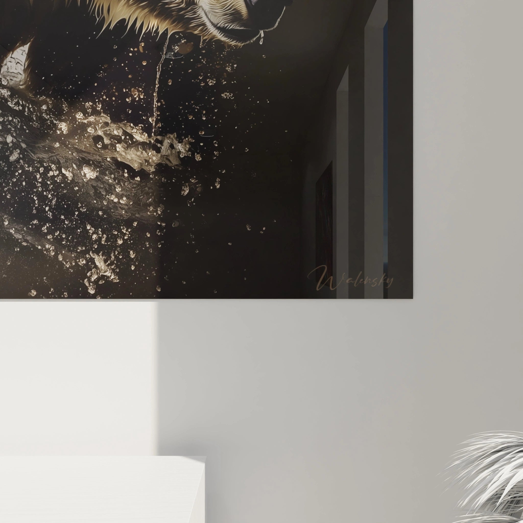 Tableau ours brun Walensky avec effet éclaboussures d'eau sur fond sombre