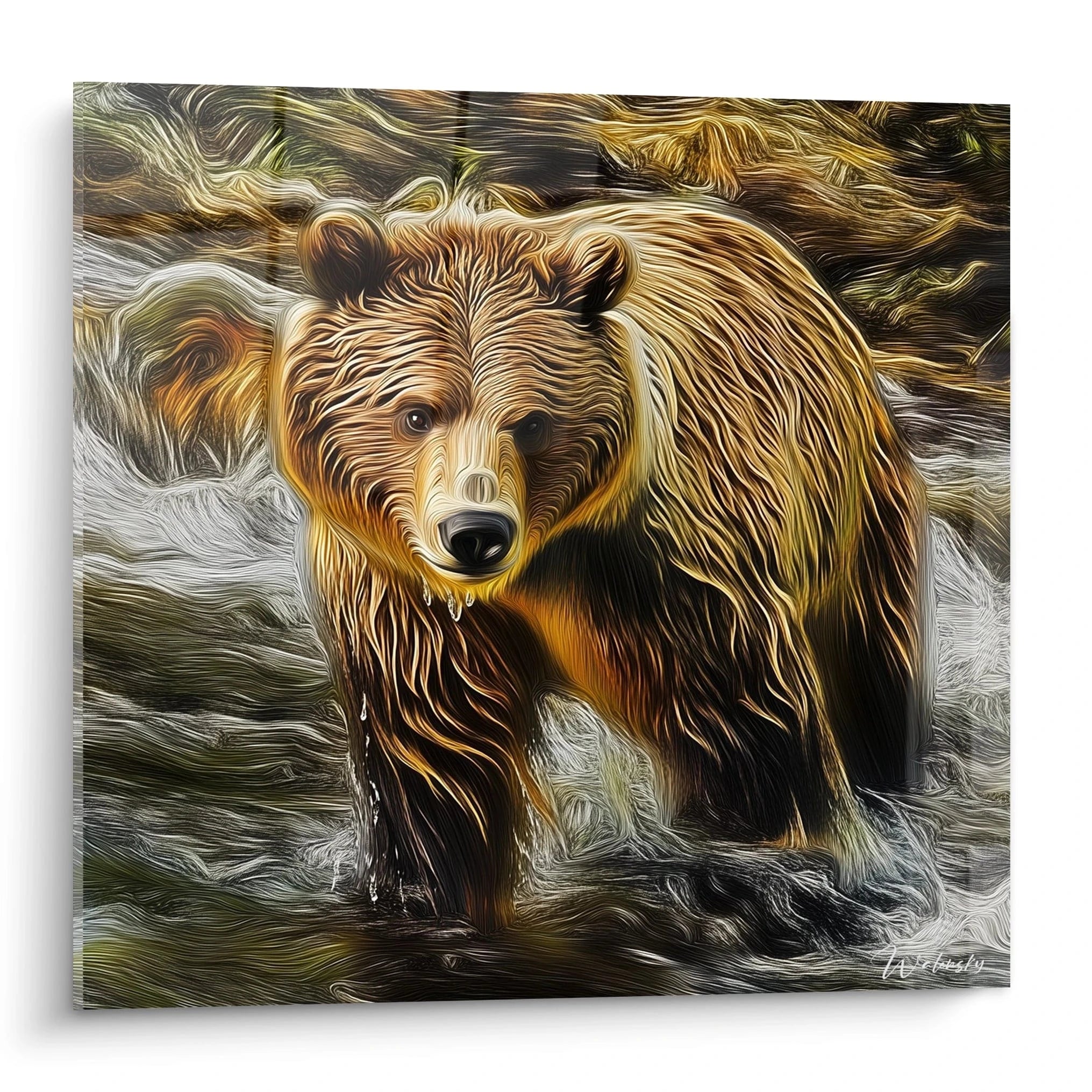 Tableau ours brun Walensky représentant un ours dans une rivière avec un style artistique détaillé