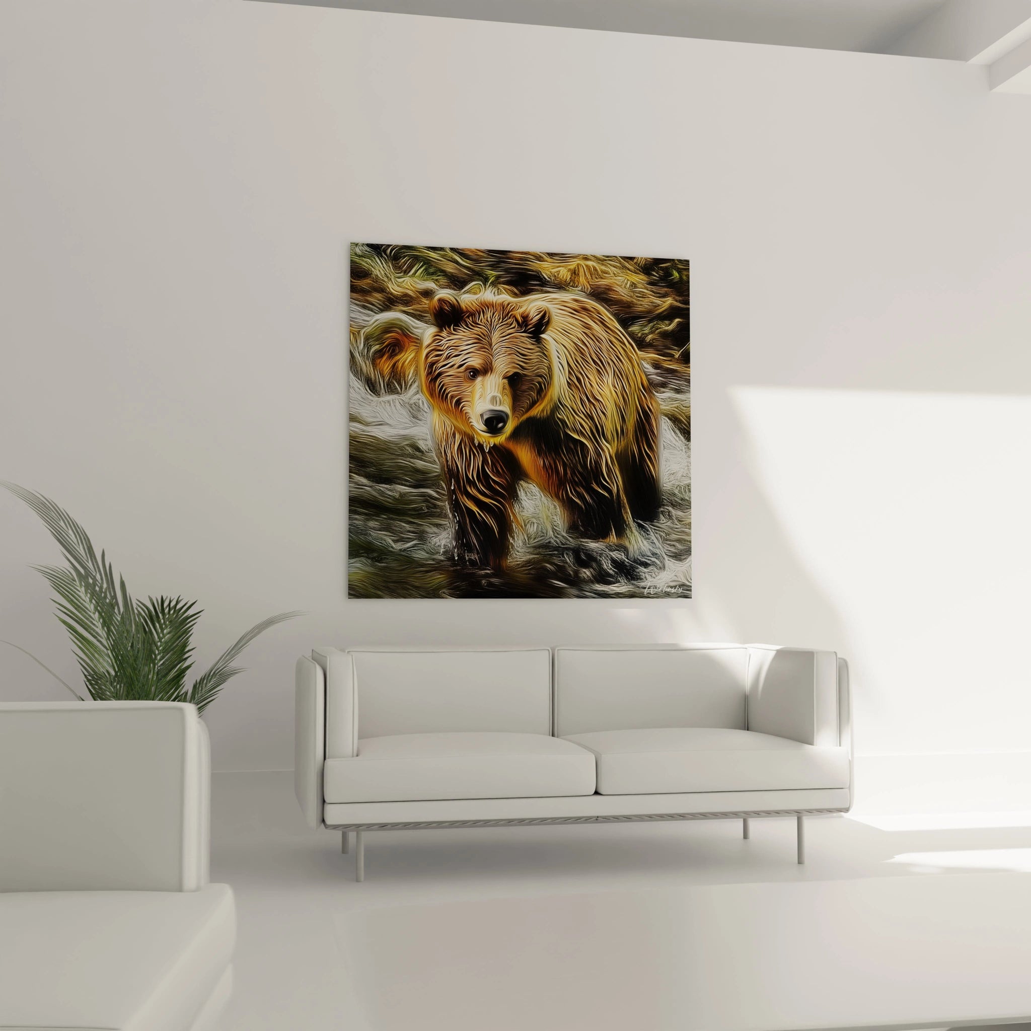 Tableau ours brun Walensky accroché au mur d'un salon moderne avec canapé blanc et plante verte