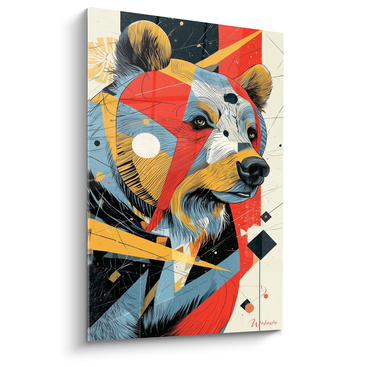 Ours brun au visage fragmenté en rouge, bleu et ocre, style graphique éclaté sur fond crème
