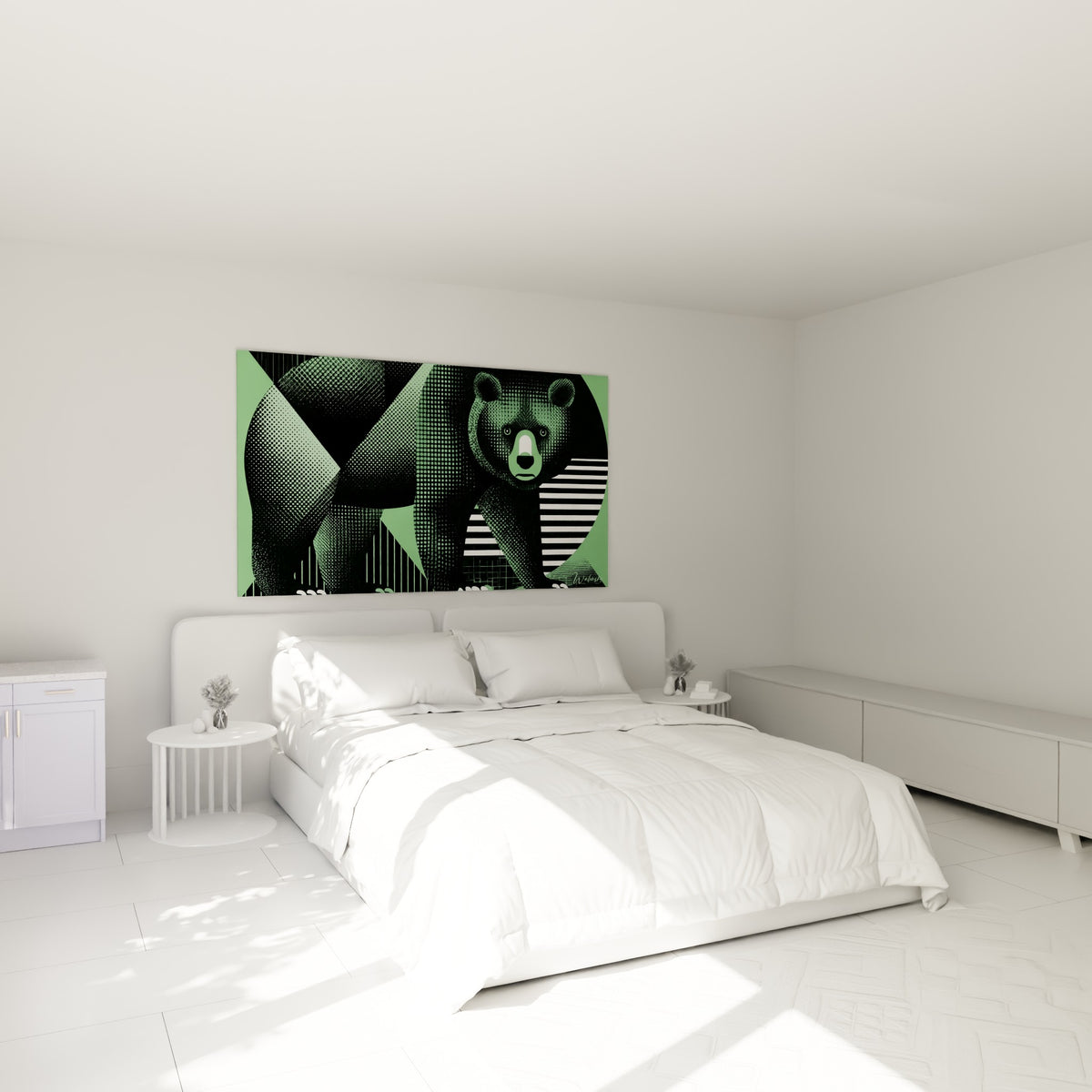Silhouette d'ours brun vert sauge et noir texturé, accrochée au-dessus d'un lit dans une chambre claire