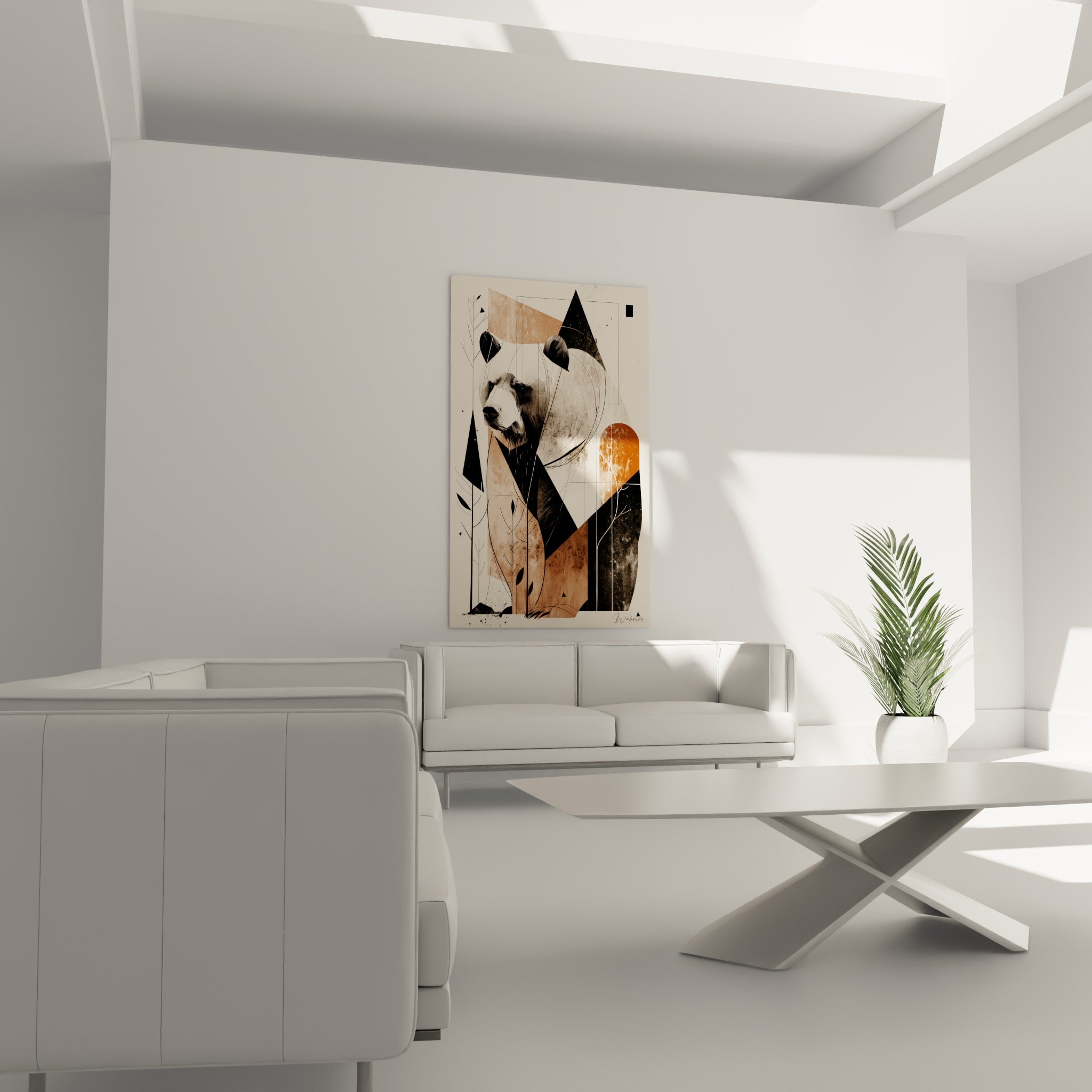 Ours brun esquissé en gris et terracotta, suspendu au-dessus d'un canapé dans un salon lumineux