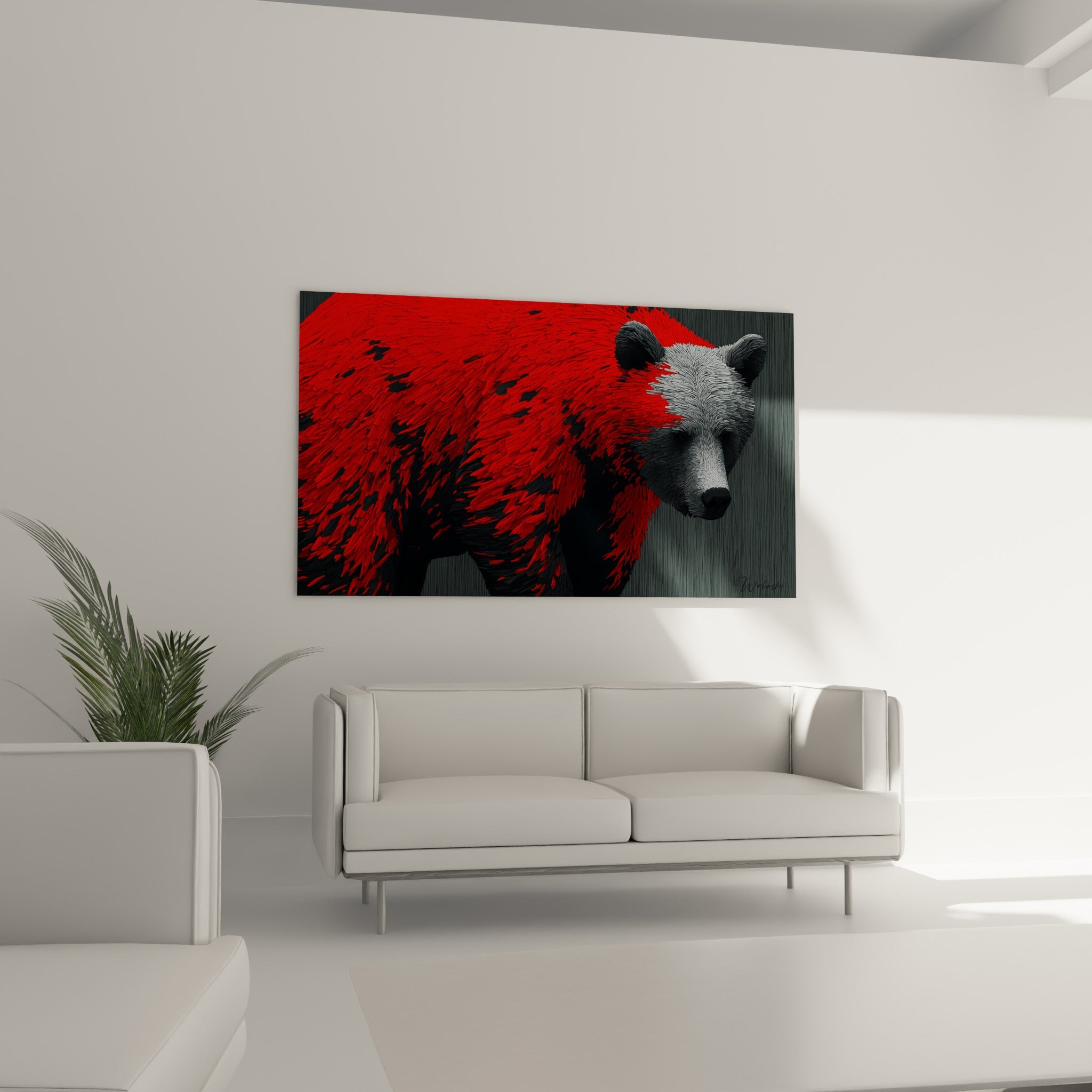 Ours brun aux tons rouge intense et noir profond, suspendu au-dessus d'un canapé dans un salon lumineux