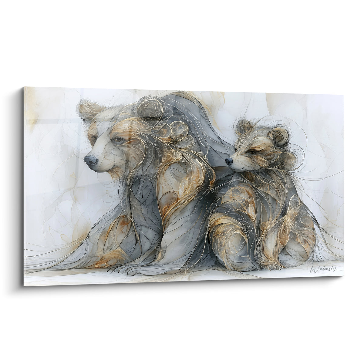 Deux ours gris anthracite et dorés assis en tendresse, traits fluides à l'encre sur fond blanc