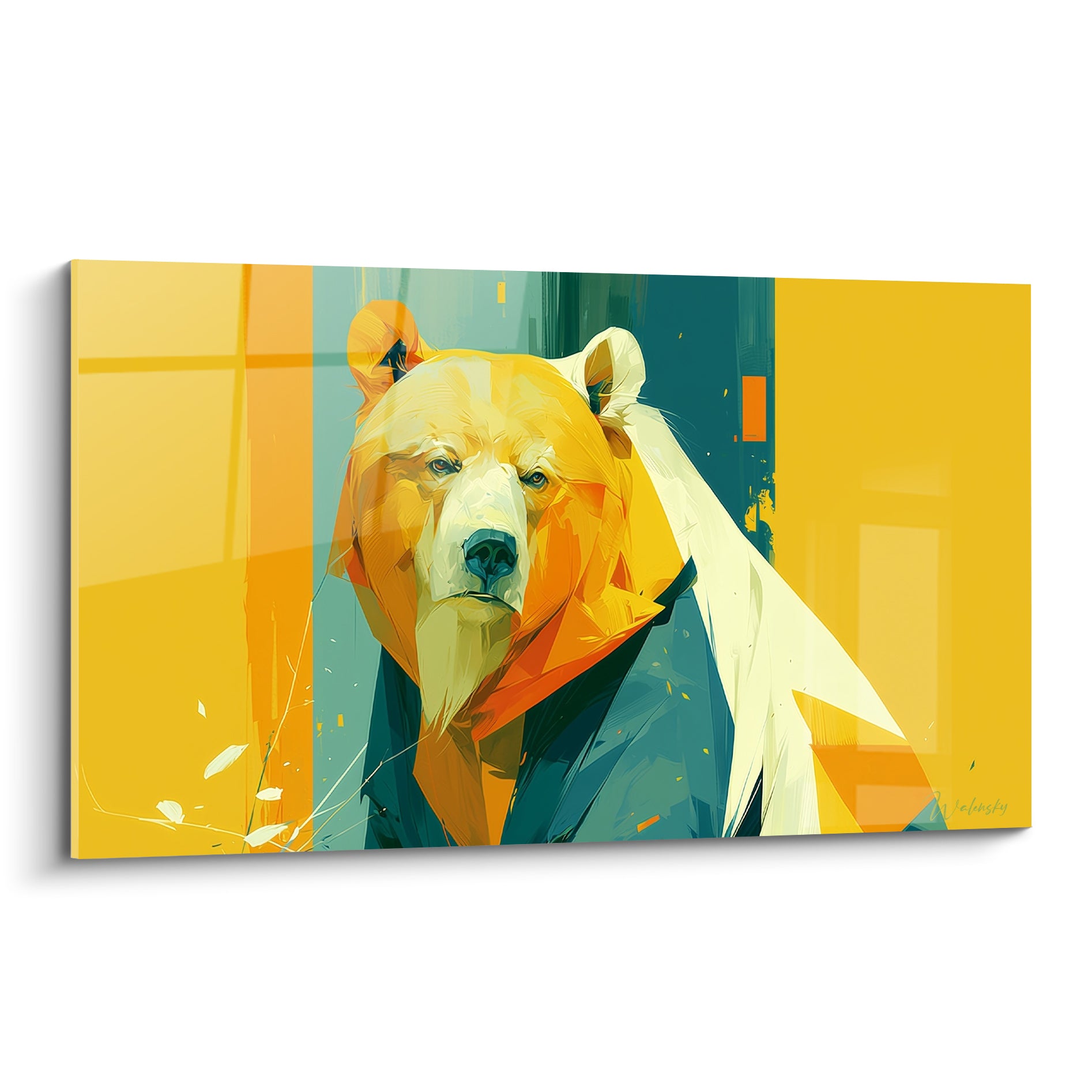 Ours brun jaune et bleu pétrole en portrait graphique fixant intensément l'observateur