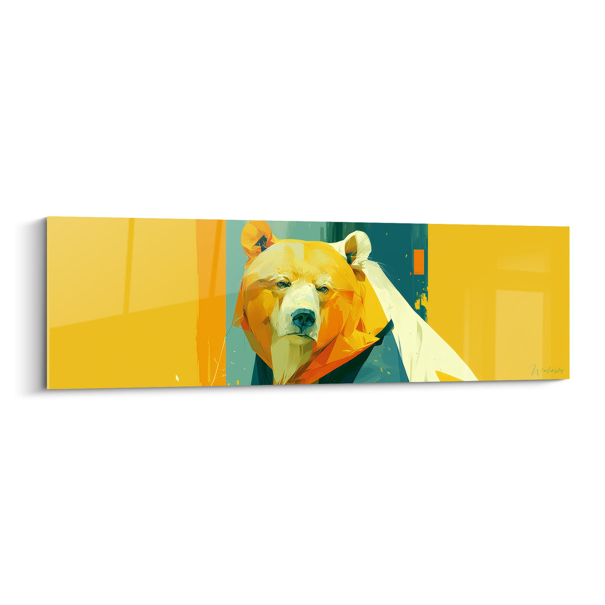 Ours brun jaune moutarde et bleu pétrole, regard frontal, traitement pictural graphique