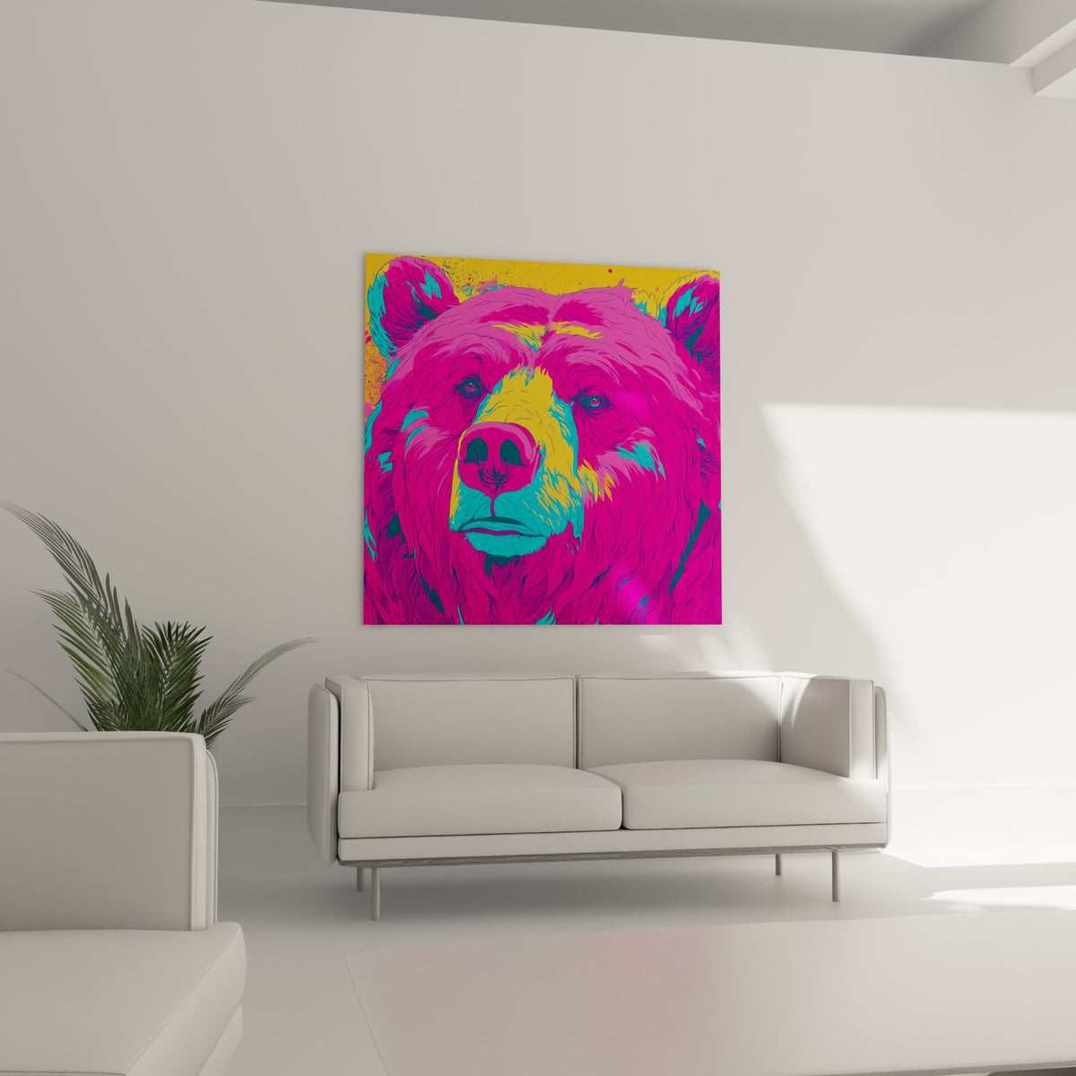 Ours brun aux teintes jaune vif et magenta placé au-dessus d'un canapé dans un salon lumineux