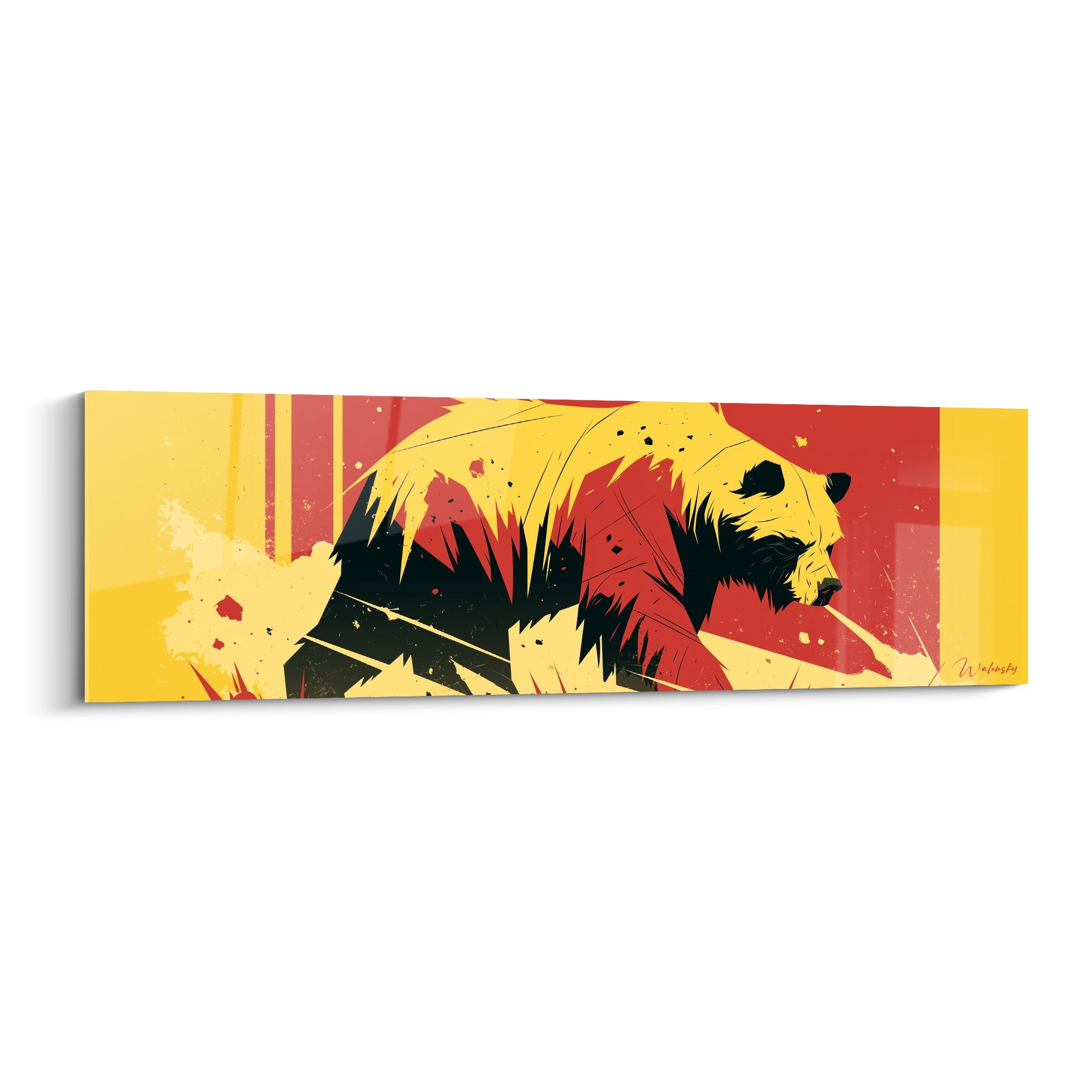 Ours brun en marche, jaune moutarde et rouge terracotta, style graphique fragmenté et fissuré