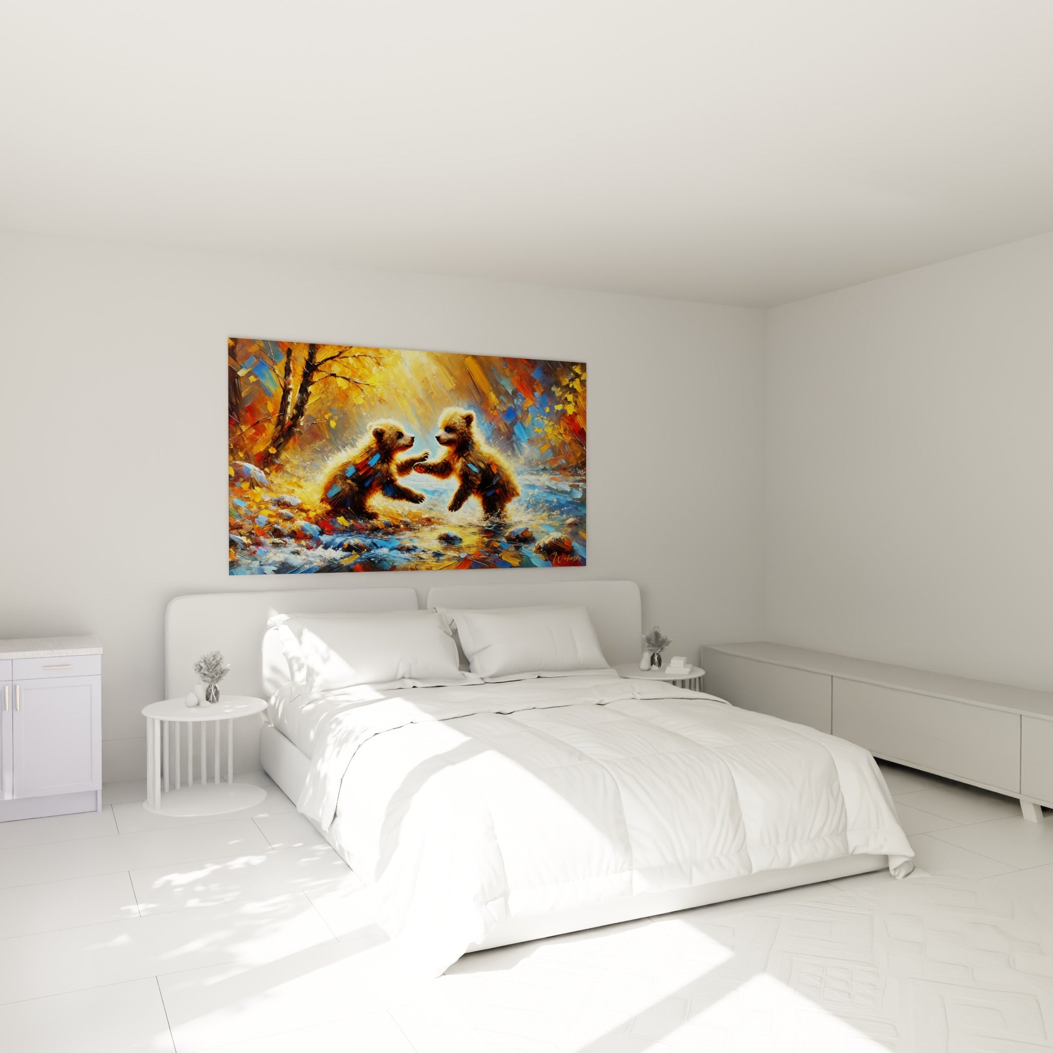 Oursons bruns complices dans des tons ocre et bleu, accrochés au-dessus d'un lit dans une chambre claire