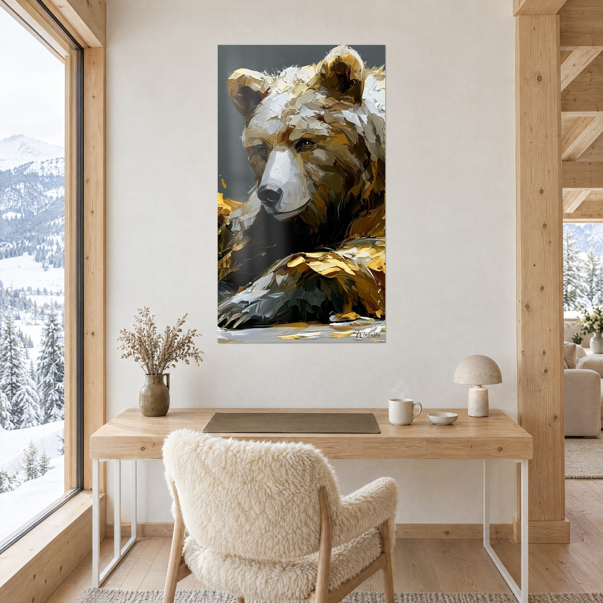 Bear portrait wall art with round ears in cream and charcoal black, above a light wood desk near a window