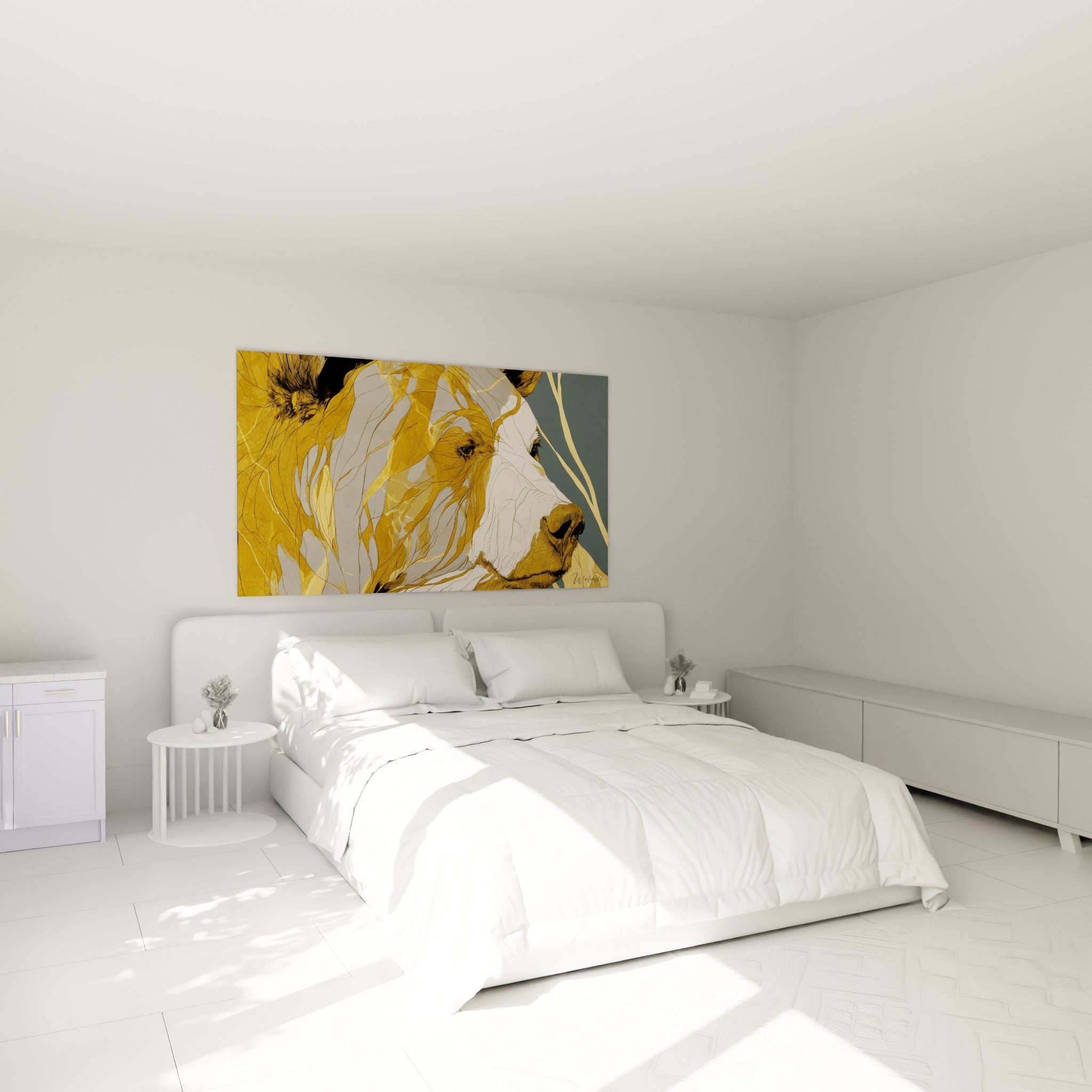 Ours brun doré au regard perçant, lignes graphiques anthracite, au-dessus d'un lit dans une chambre claire