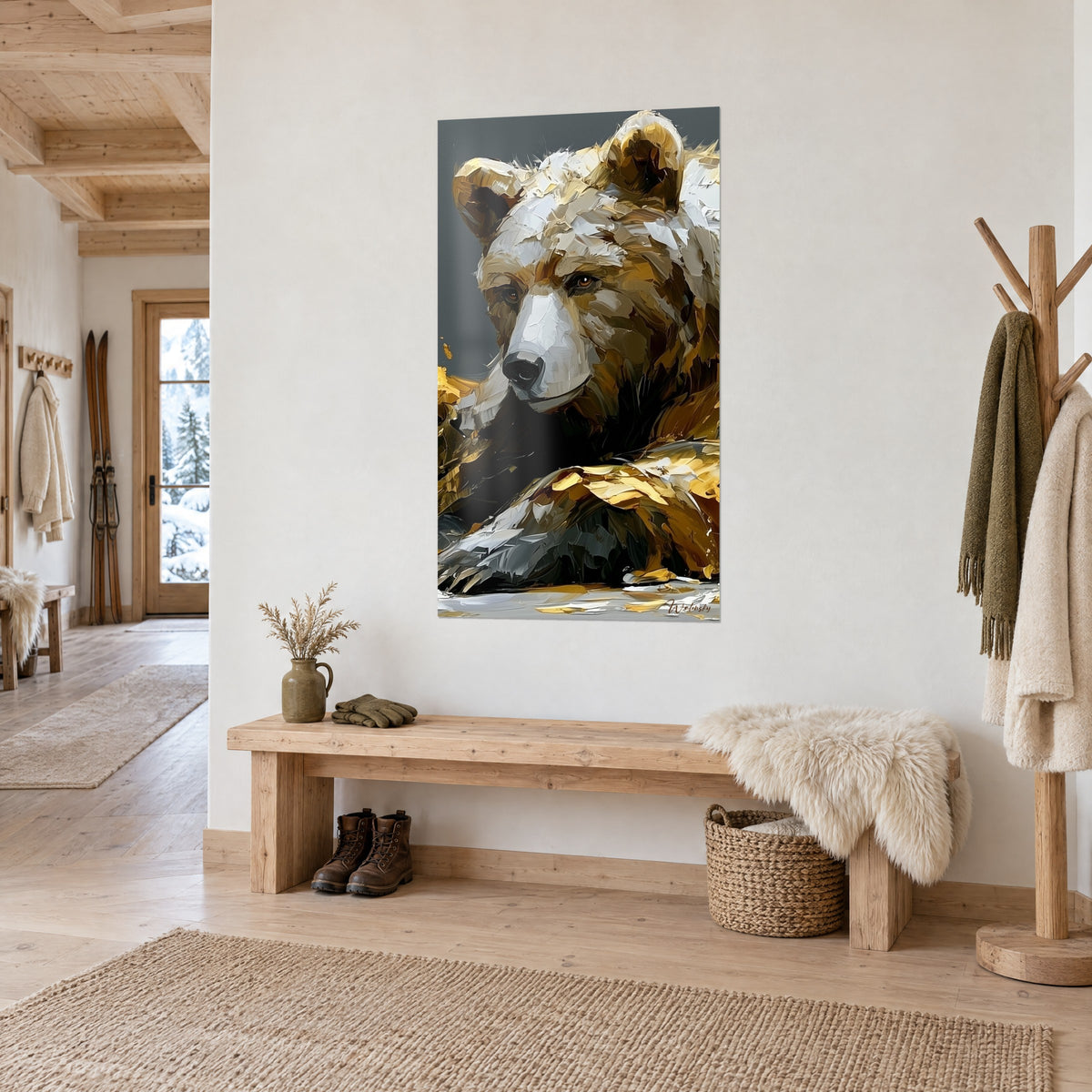 Wall art of a grizzly bear with golden highlights on anthracite grey background, hung beside a light wood bench in a chalet entrance