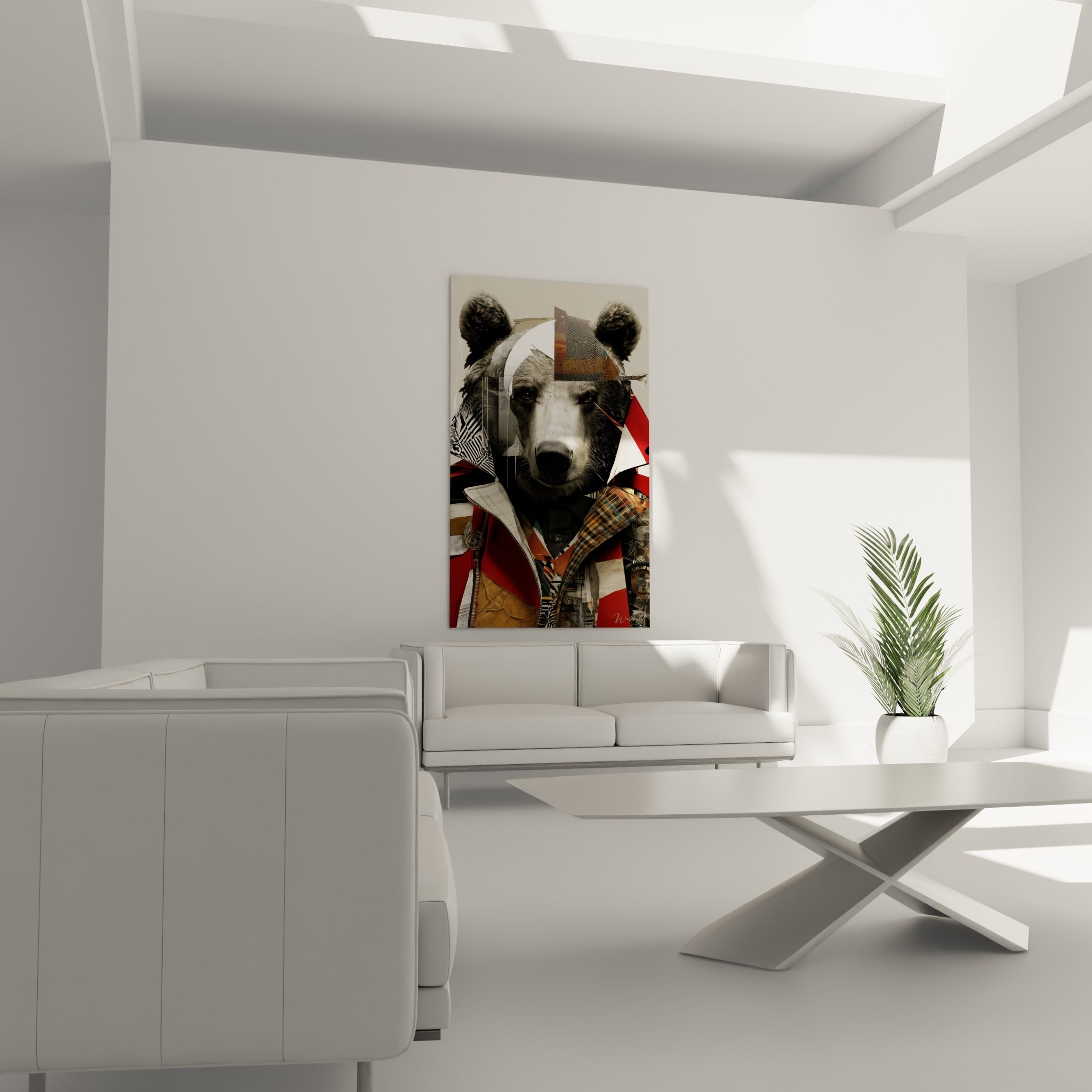 Museau d'ours brun gris et doré habillé d'un patchwork rouge au-dessus d'un canapé dans un salon lumineux