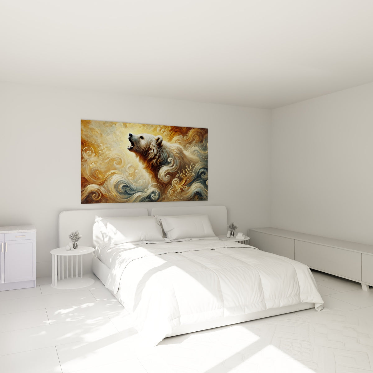 Museau d'ours brun crème hurlant vers un halo doré, accroché au-dessus d'un lit dans une chambre claire