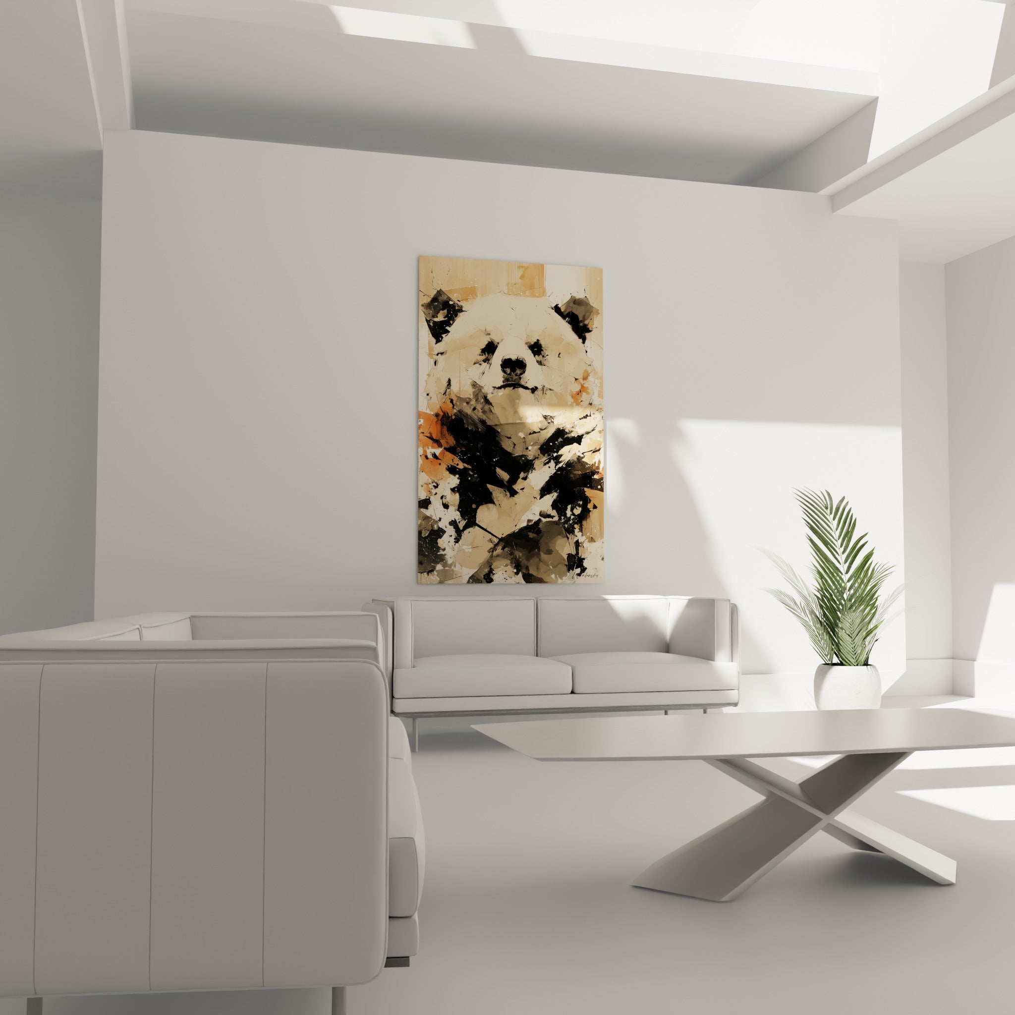 Museau noir de l'ours brun se détachant du fond terracotta, au-dessus d'un canapé dans un salon lumineux