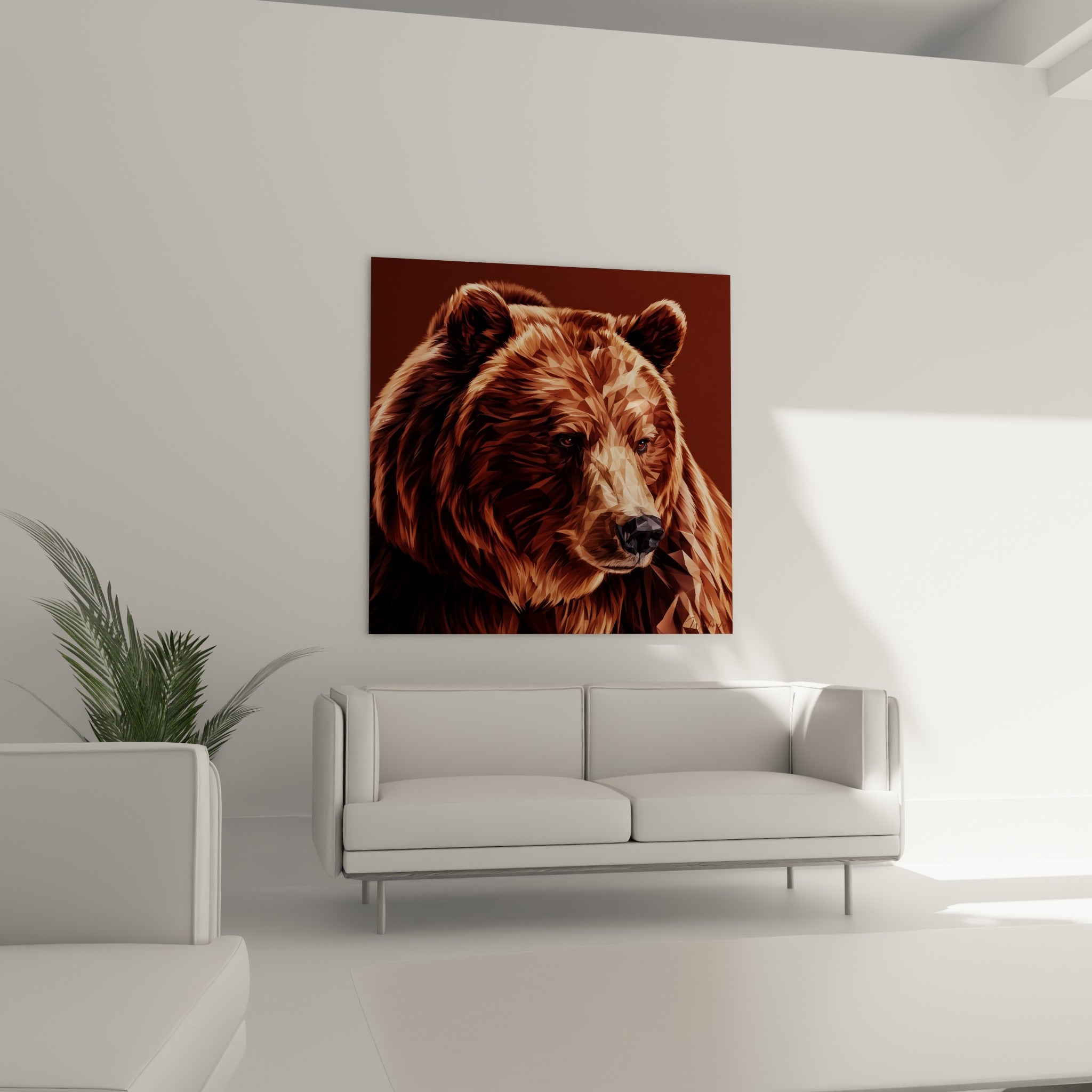 Ours brun graphique aux nuances ocre et fauve, au-dessus d'un canapé dans un salon lumineux