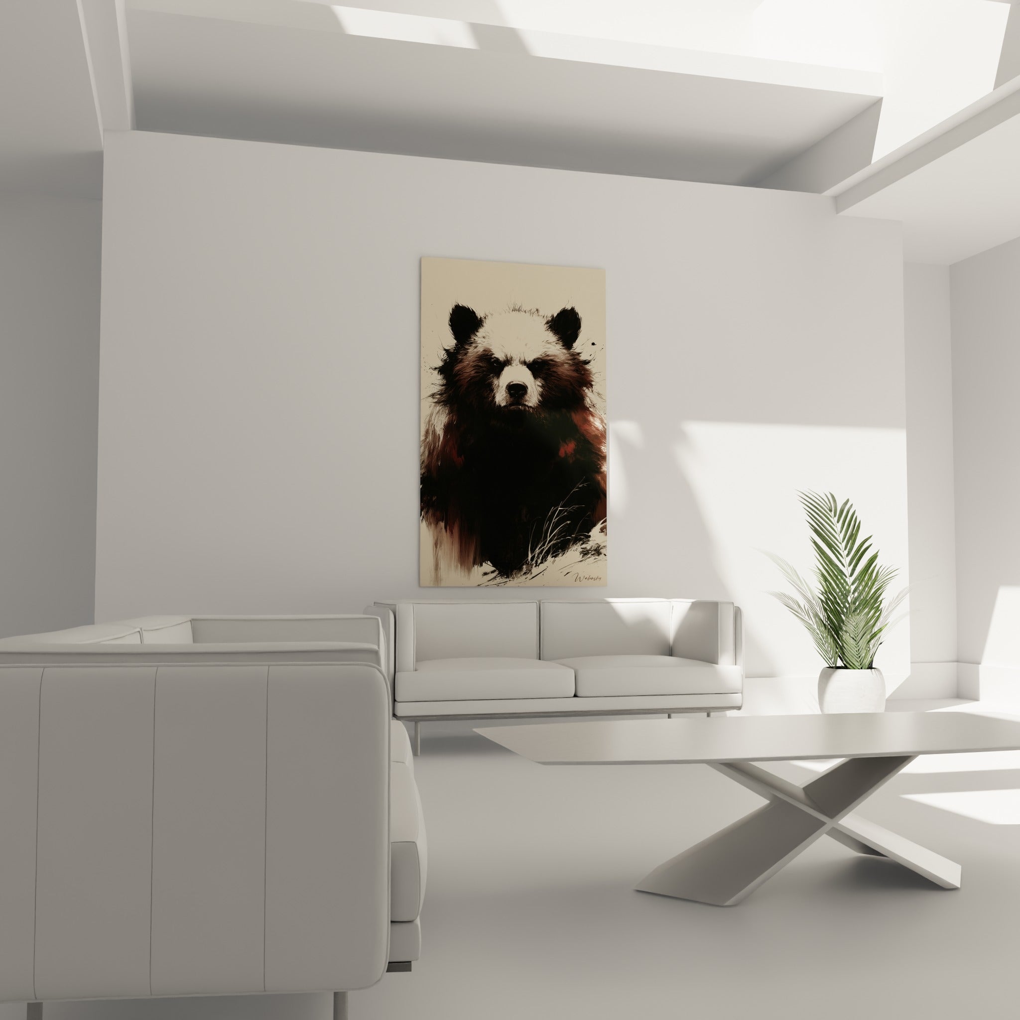 Silhouette d'ours brun aux touches brun fauve et noires, suspendue au-dessus d'un canapé dans un salon lumineux