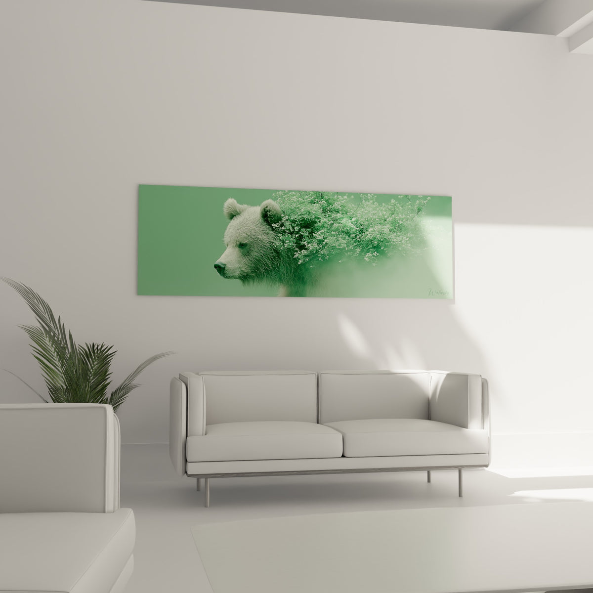Profil d'ours brun ocre pâle se prolongeant en nuée végétale vert sauge, au-dessus d'un canapé dans un salon lumineux