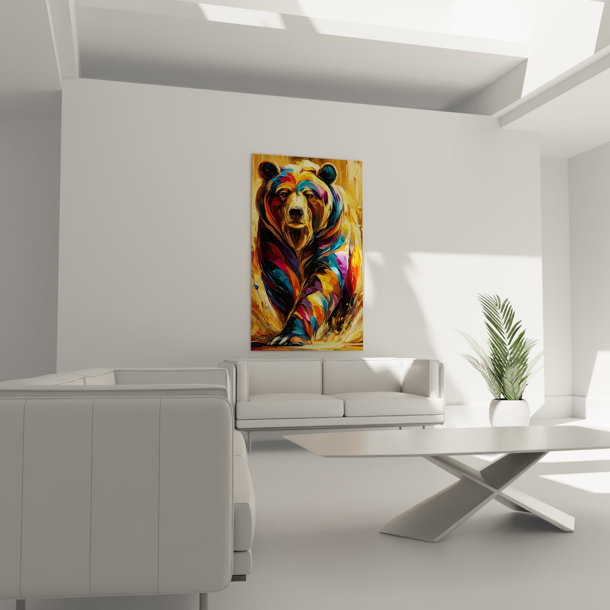 Silhouette d'ours brun ocre et pourpre en marche, au-dessus d'un canapé dans un salon lumineux