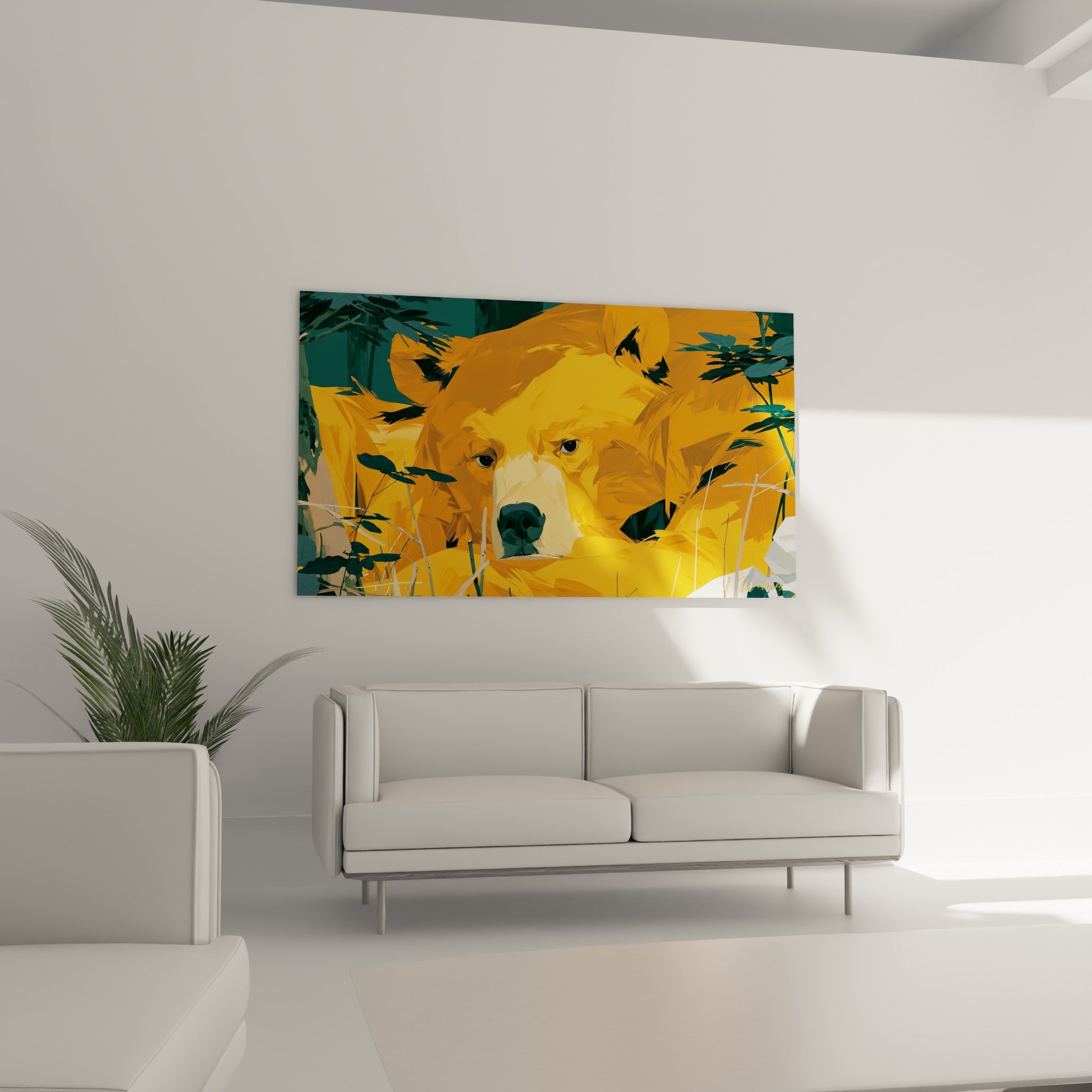 Regard intense d'un ours brun aux tons ocre et sarcelle placé au-dessus d'un canapé dans un salon lumineux