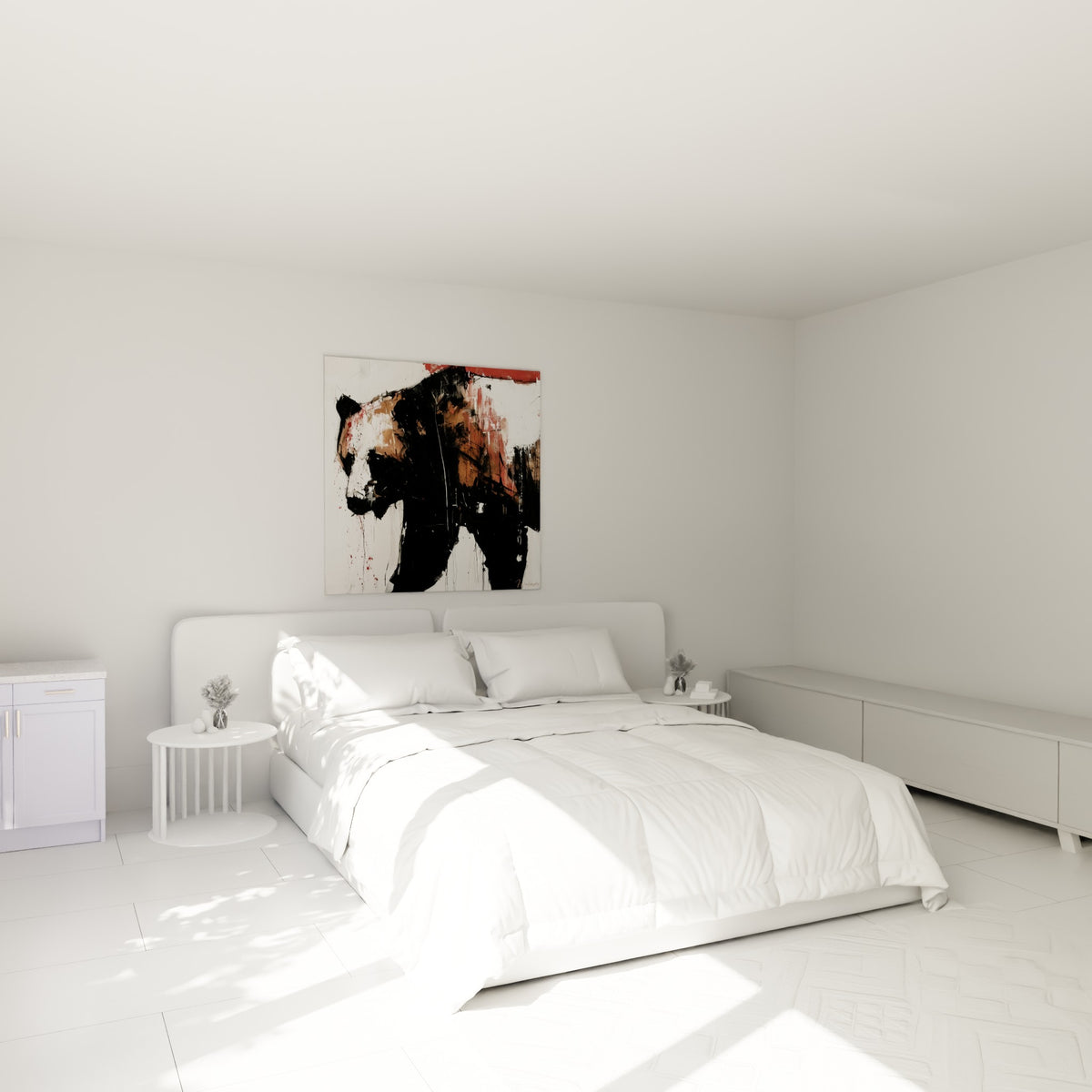 Silhouette d'ours brun noir et terracotta accrochée au-dessus d'un lit dans une chambre claire