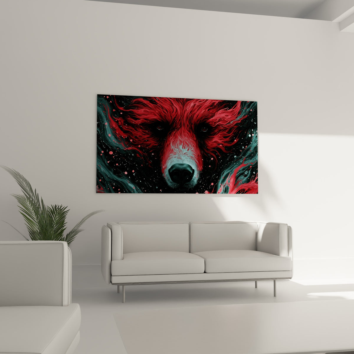 Pelage flamboyant d'ours brun rouge et anthracite suspendu au-dessus d'un canapé en salon lumineux