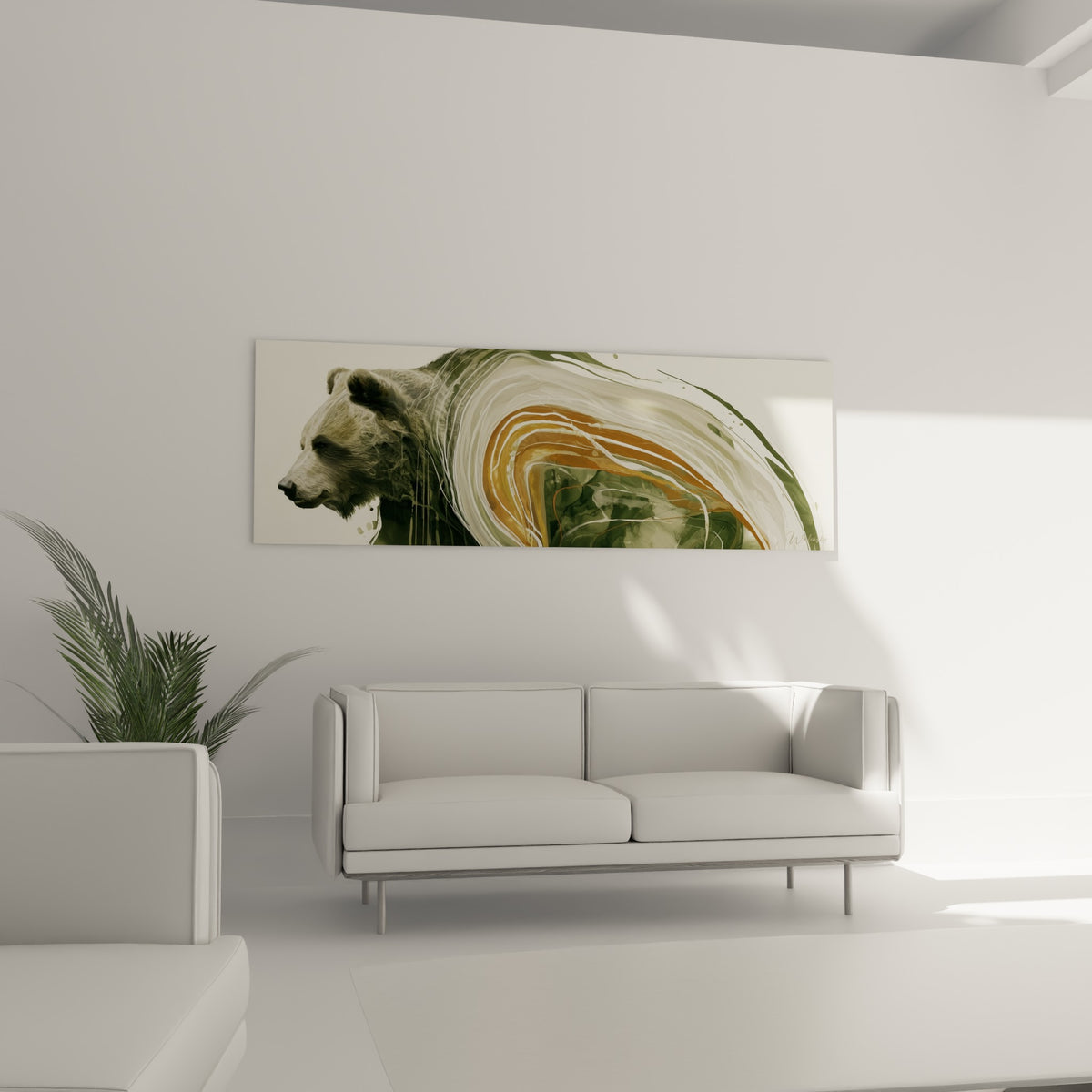 Ours brun au regard calme, traits ocre et blancs fluides, au-dessus d'un canapé dans un salon lumineux